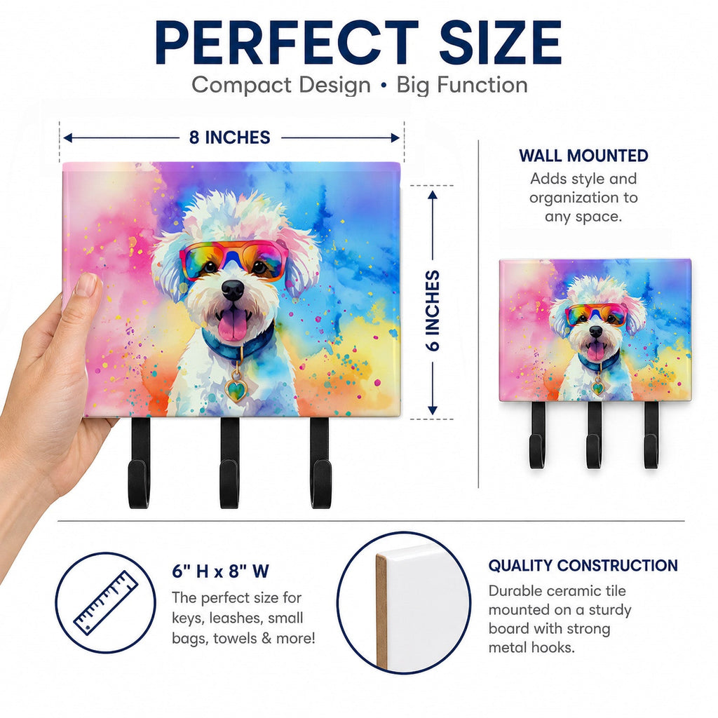 Bichon Frise Hippie Dawg Leash or Key Holder Wall Hooks, Coat Rack Wall Mount, for Hanging Keys, Towels, Aprons, Leashes