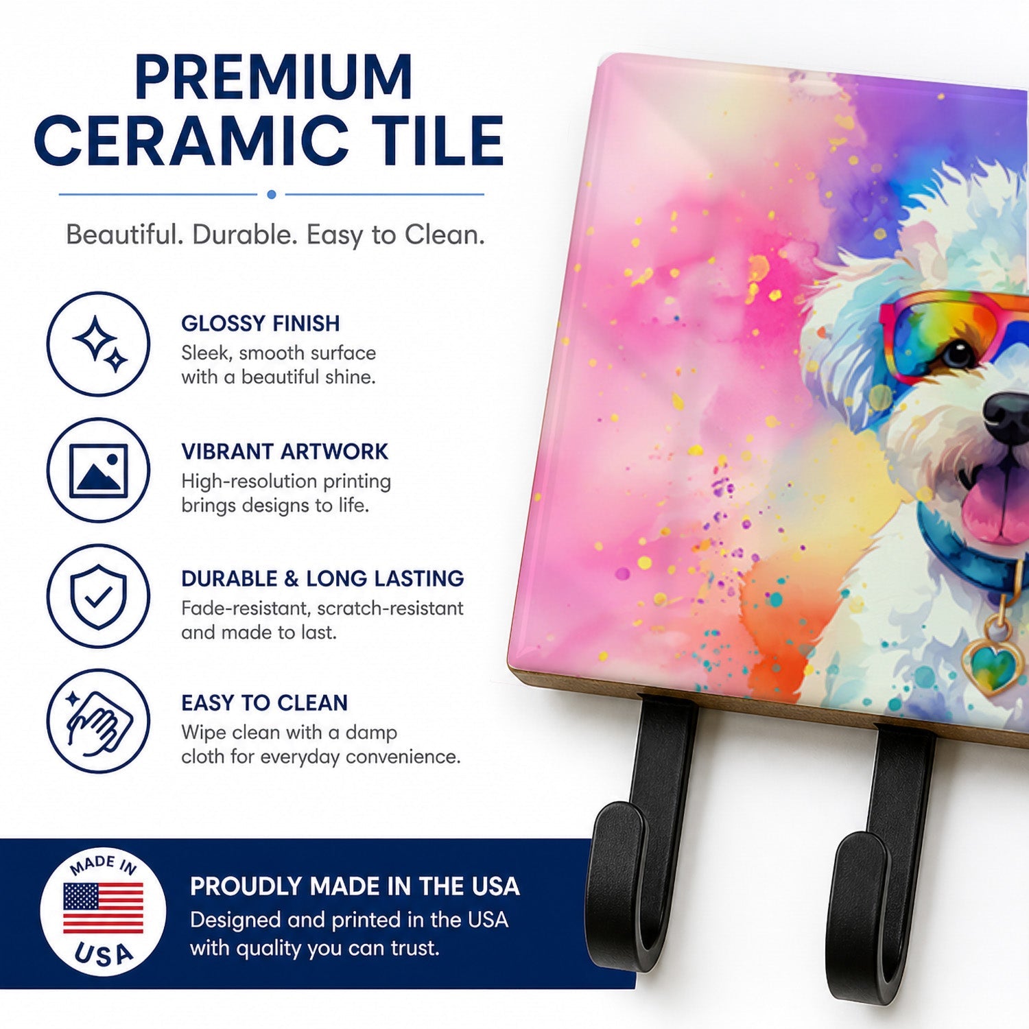 Bichon Frise Hippie Dawg Leash or Key Holder Wall Hooks, Coat Rack Wall Mount, for Hanging Keys, Towels, Aprons, Leashes