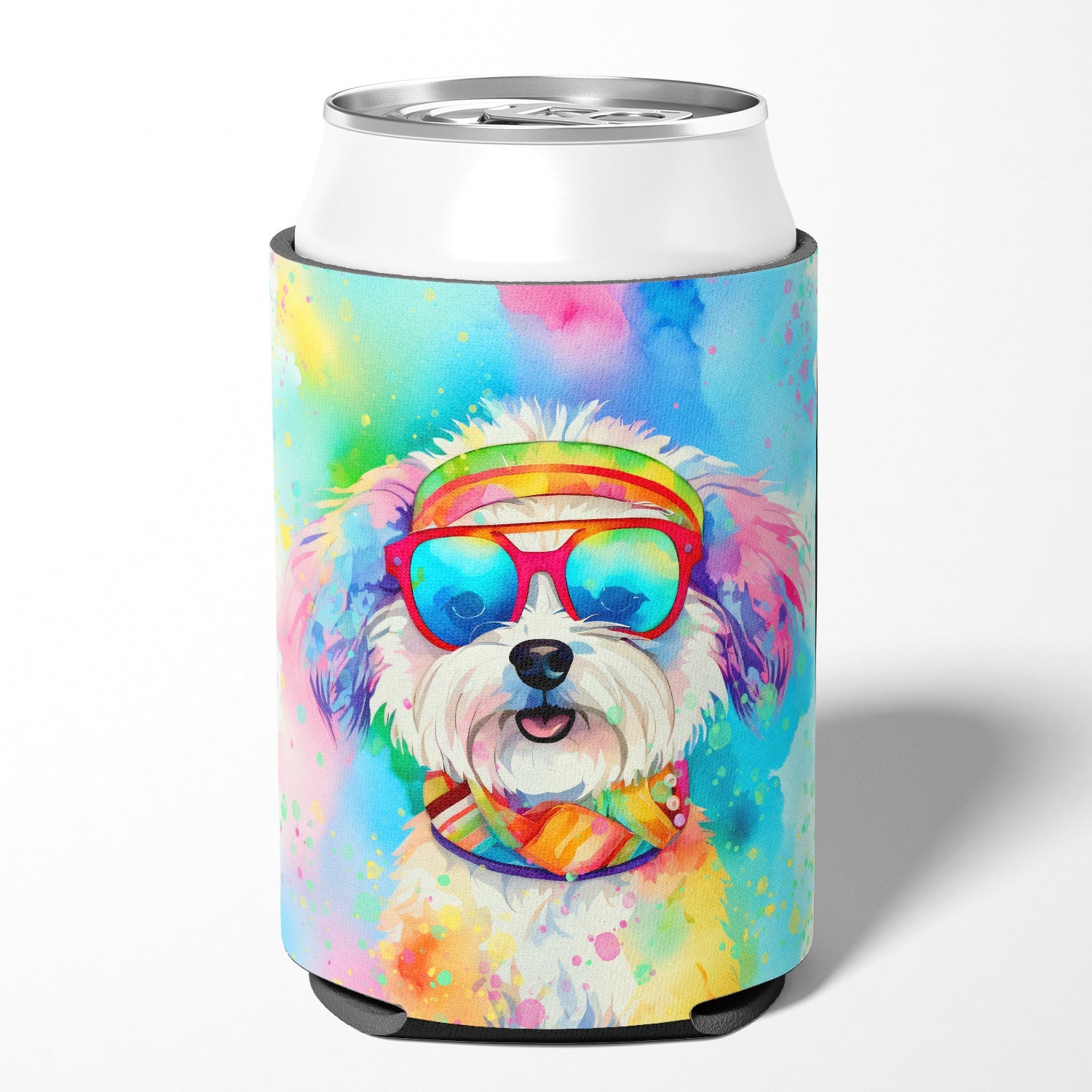 Bichon Frise Hippie Dawg Can or Bottle Hugger Cooler Sleeve for Standard 12 oz Cans, Insulated Foam Beer & Soda Can Hugger Reusable