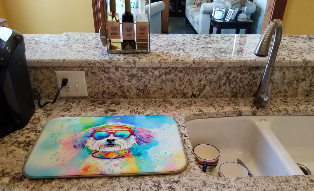 Bichon Frise Hippie Dawg Dish Drying Mat Absorbent Dish Drying Mat Pad for Kitchen Counter Dish Drainer Mat for Countertop, 14 x 21", Multicolor