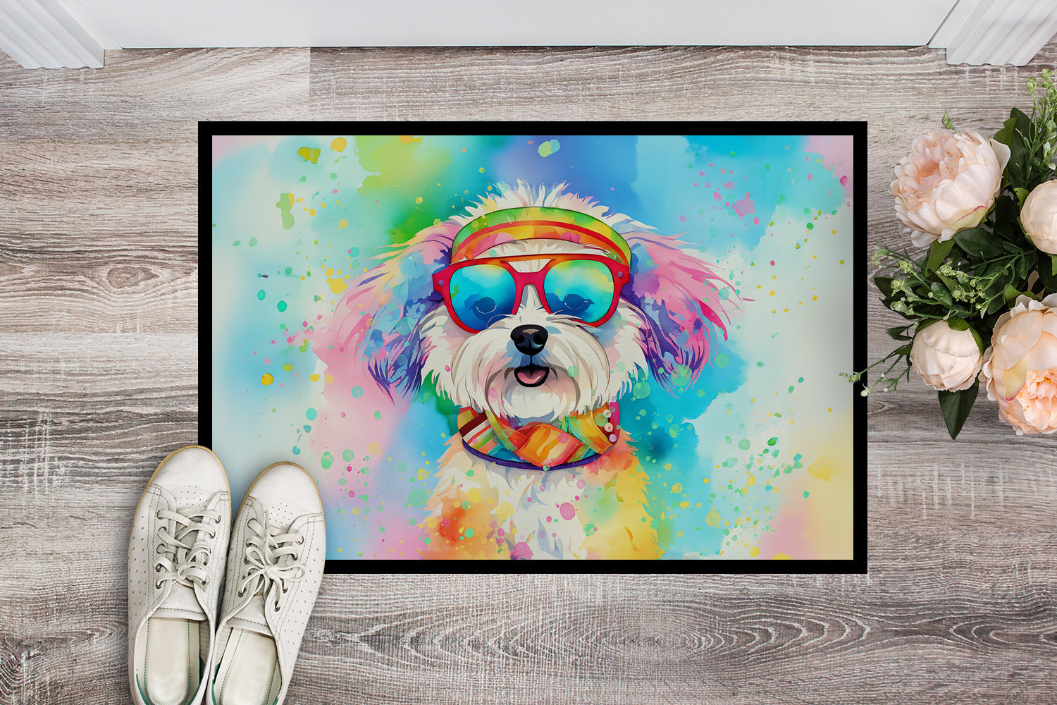 Bichon Frise Hippie Dawg Doormat Indoor Outdoor 24H X 36W Front Door Mat Rugs for Entryway, Non Slip Washable Low Pile,