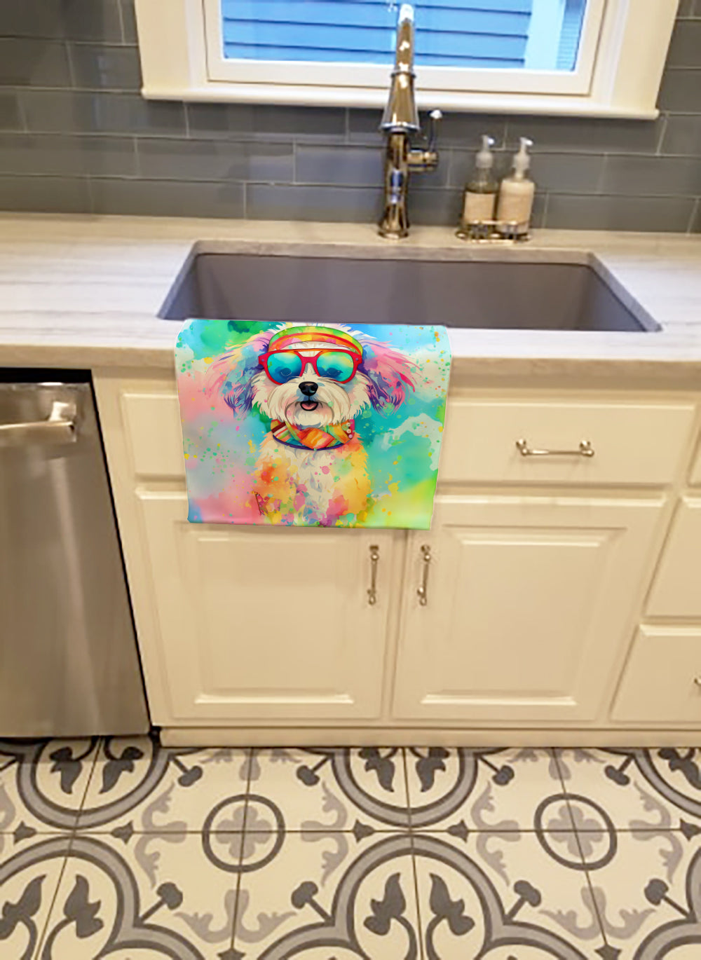 Bichon Frise Hippie Dawg Kitchen Towel Velour Plush Front and Cotton Loop Back Machine Washable