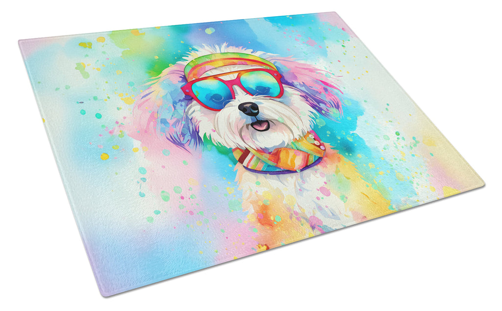 Bichon Frise Hippie Dawg Cutting Board Tempered Glass Kitchen Cutting Surface, Heat Resistant Chopping, Non-Slip Feet, Food Prep & Serving