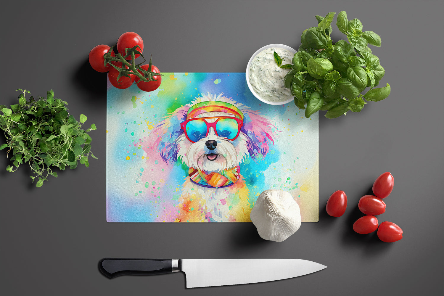 Bichon Frise Hippie Dawg Cutting Board Tempered Glass Kitchen Cutting Surface, Heat Resistant Chopping, Non-Slip Feet, Food Prep & Serving