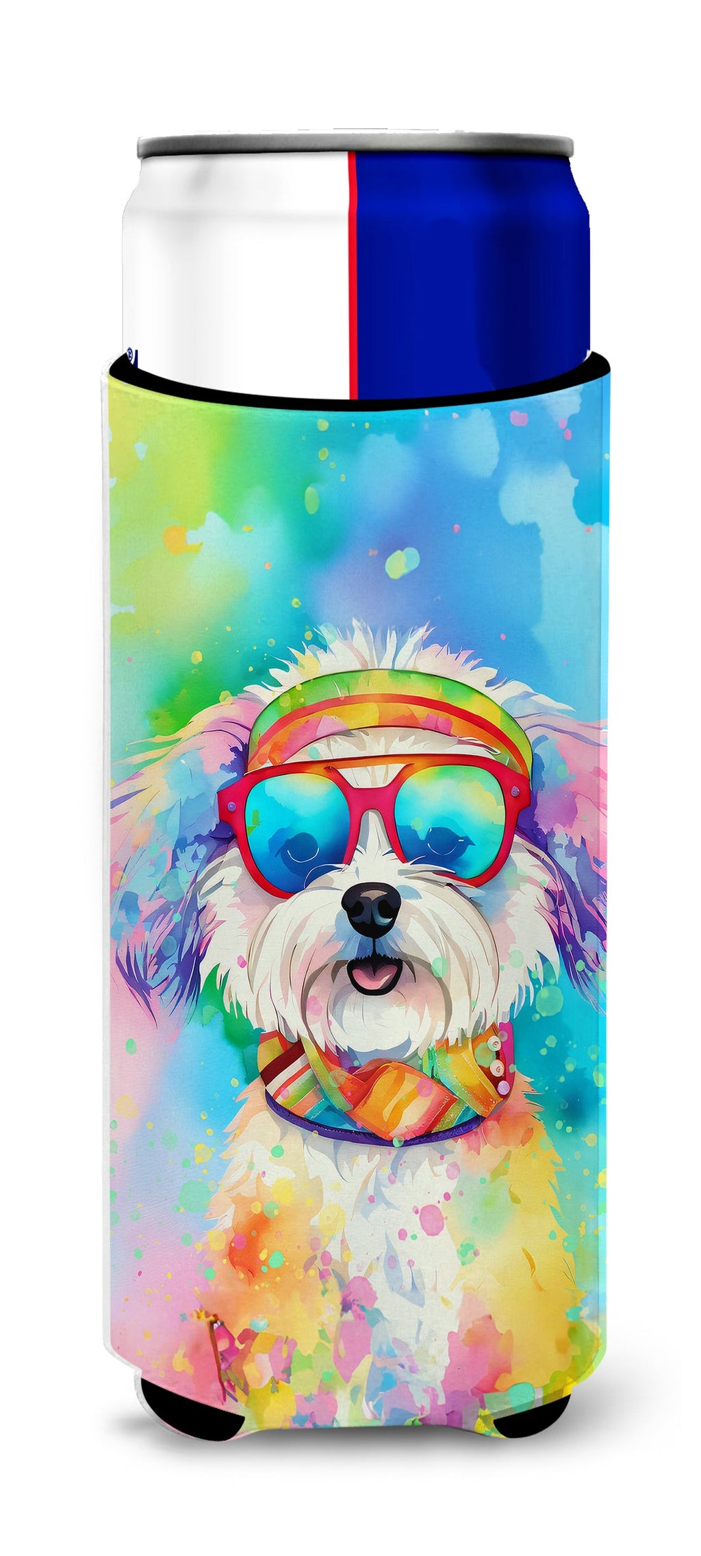 Bichon Frise Hippie Dawg Slim Can Hugger , Insulated Foam Hugger for 12 oz Slim Cans, Beer Bottles & Water Bottles, Printed in USA