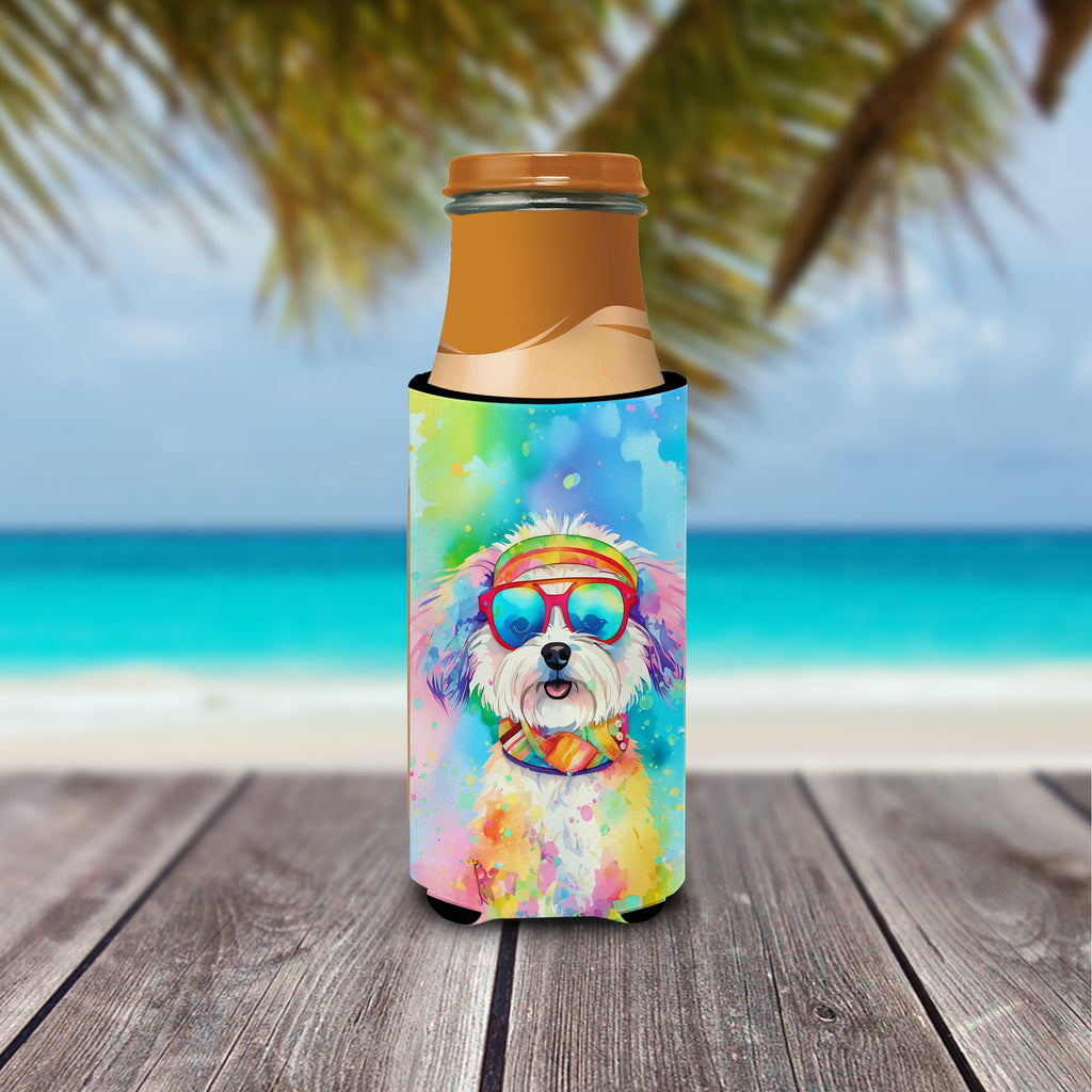 Bichon Frise Hippie Dawg Slim Can Hugger , Insulated Foam Hugger for 12 oz Slim Cans, Beer Bottles & Water Bottles, Printed in USA