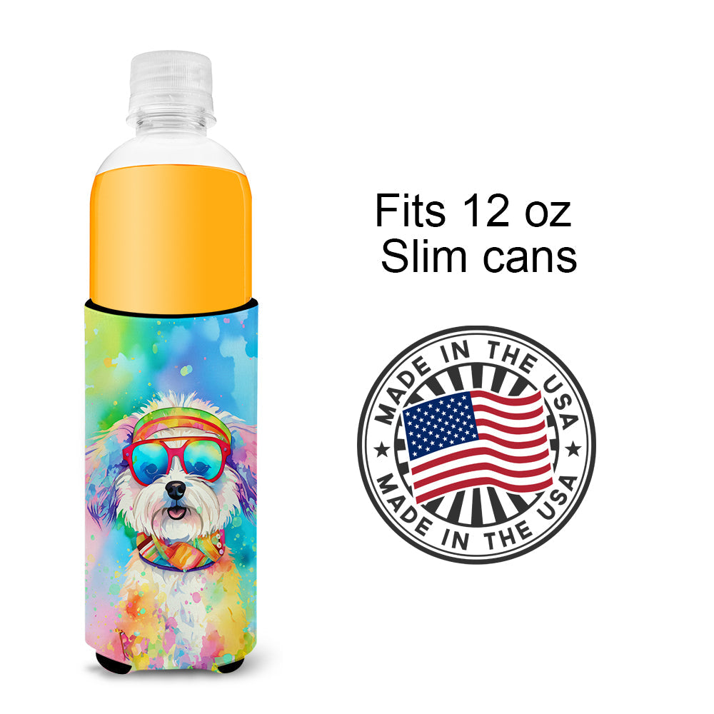 Bichon Frise Hippie Dawg Slim Can Hugger , Insulated Foam Hugger for 12 oz Slim Cans, Beer Bottles & Water Bottles, Printed in USA