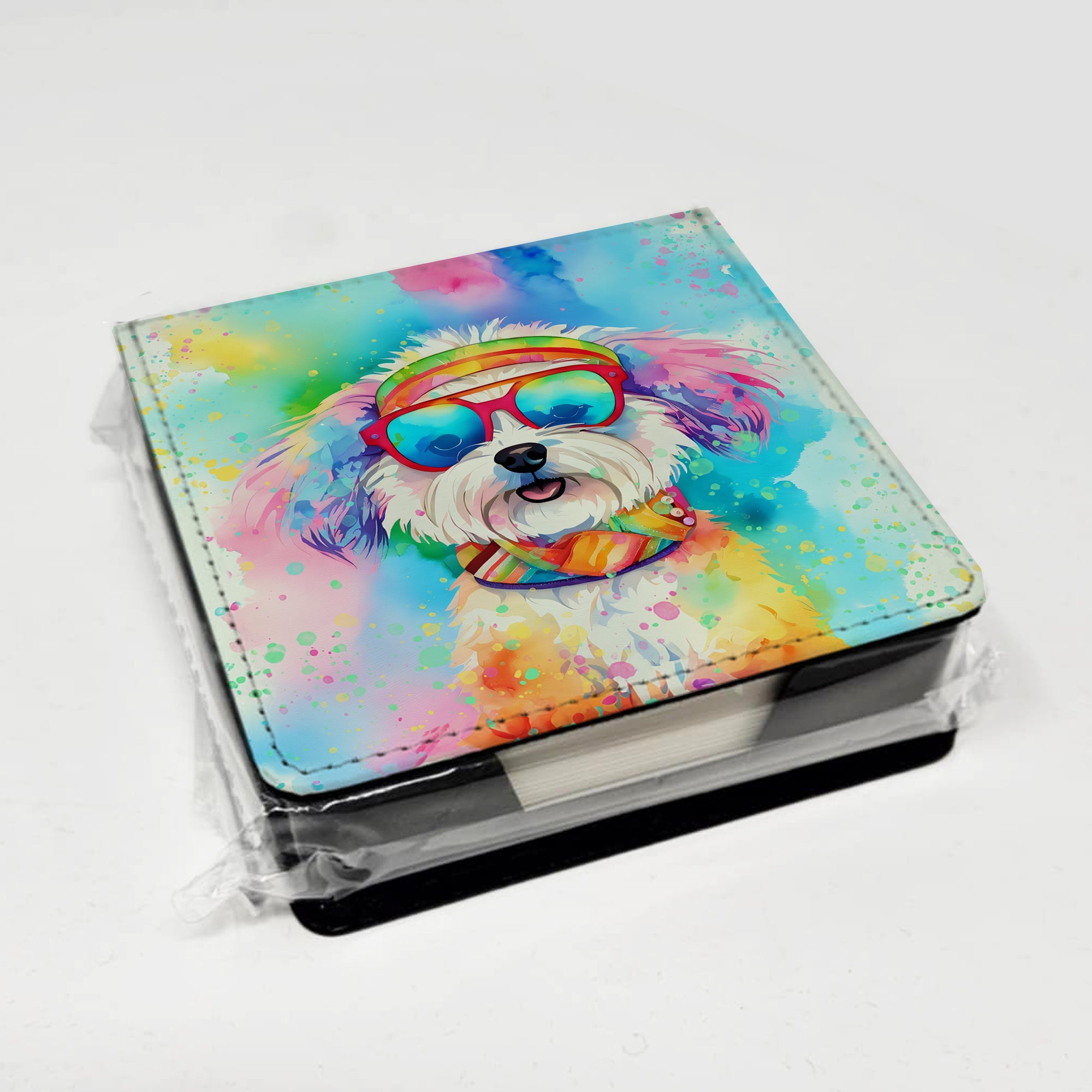Bichon Frise Hippie Dawg PU Leather Note Paper Holder with Artist-Designed Cover, Desk Accessory, Office Gift
