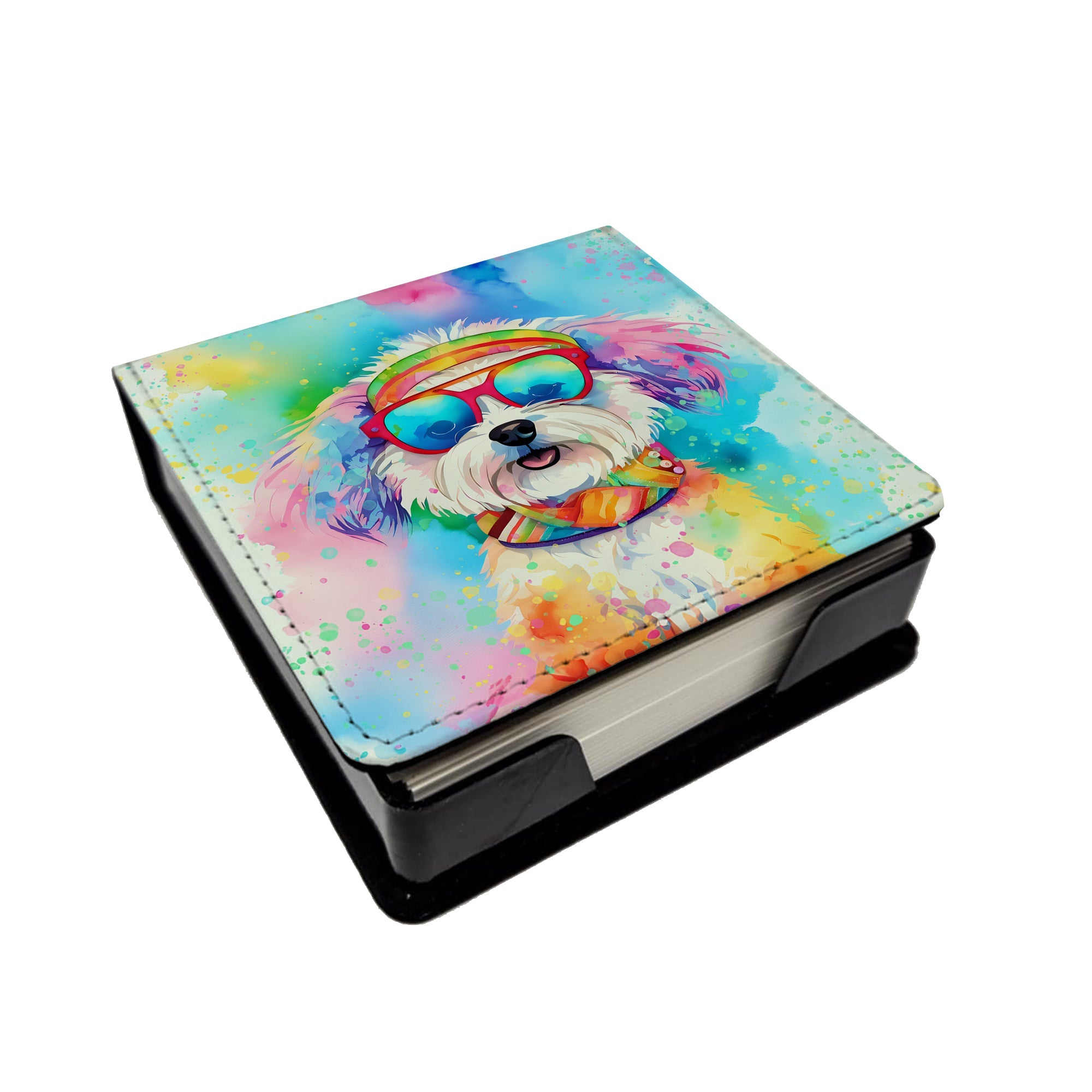 Bichon Frise Hippie Dawg PU Leather Note Paper Holder with Artist-Designed Cover, Desk Accessory, Office Gift
