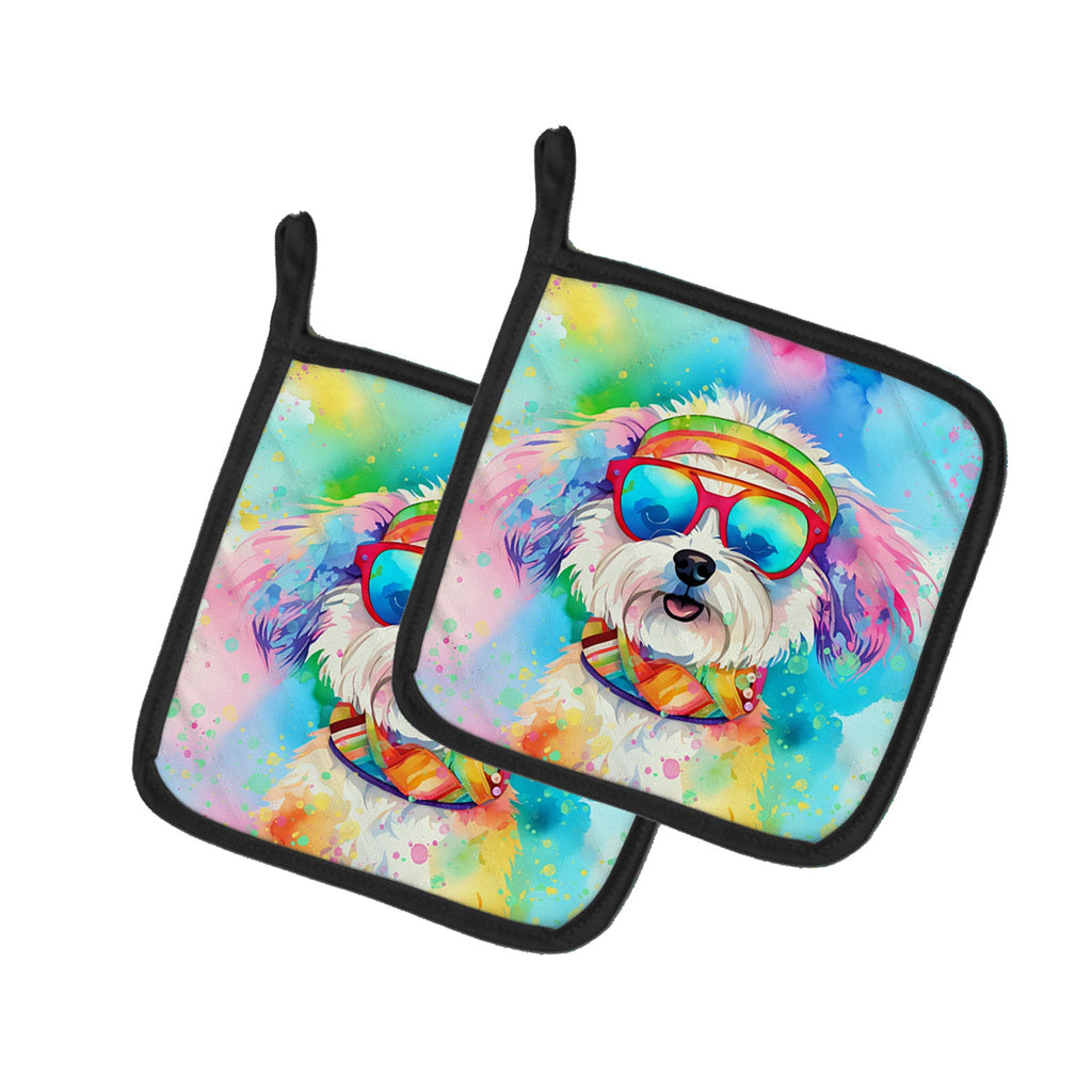 Bichon Frise Hippie Dawg Pot Holder Set of 2 Heat Resistant Quilted Hot Pads 7.5 x 7.5 Inch, Insulated Kitchen Trivets for Cooking & Baking