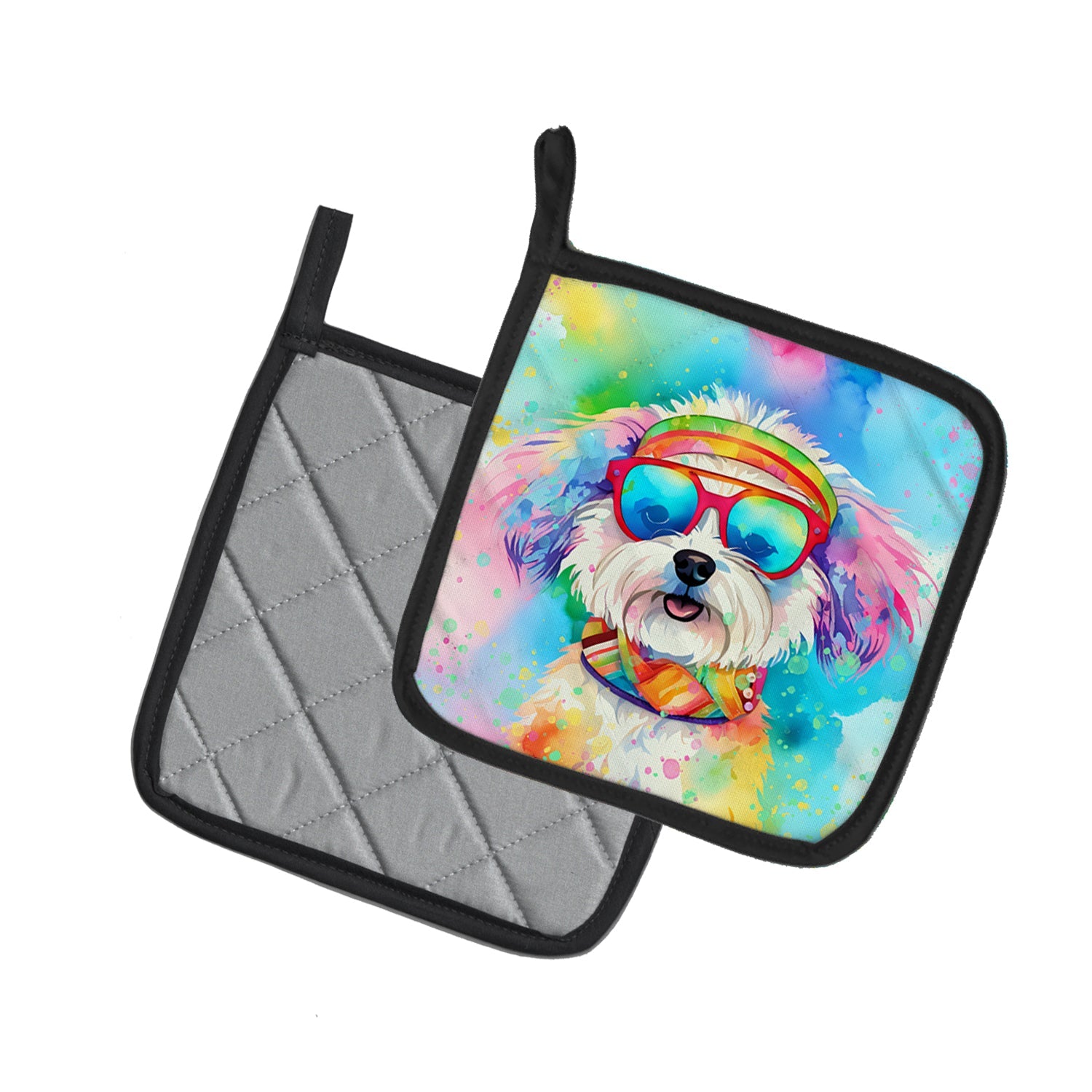 Bichon Frise Hippie Dawg Pot Holder Set of 2 Heat Resistant Quilted Hot Pads 7.5 x 7.5 Inch, Insulated Kitchen Trivets for Cooking & Baking