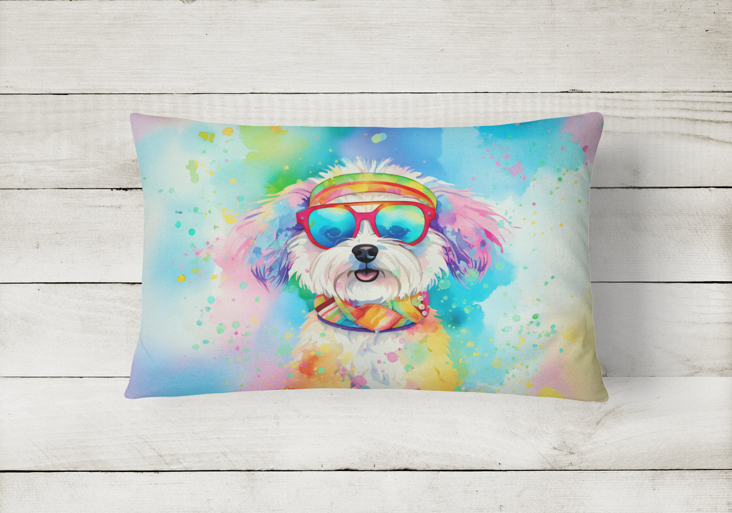 Bichon Frise Hippie Dawg Decorative Throw Pillow 12x16 Indoor Outdoor Accent Cushion, Fabric Cover with Insert for Sofa, Bed, Porch & Living Room