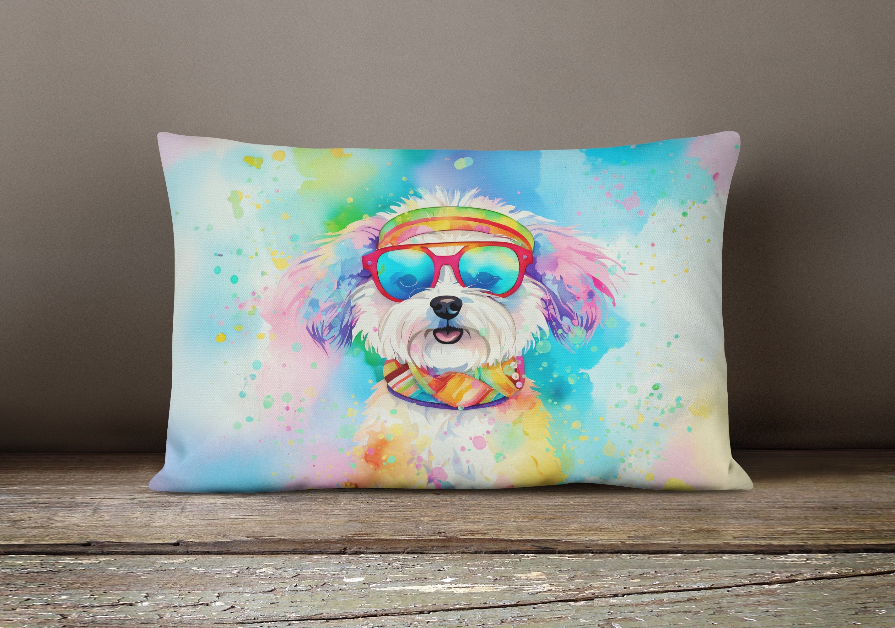 Bichon Frise Hippie Dawg Decorative Throw Pillow 12x16 Indoor Outdoor Accent Cushion, Fabric Cover with Insert for Sofa, Bed, Porch & Living Room