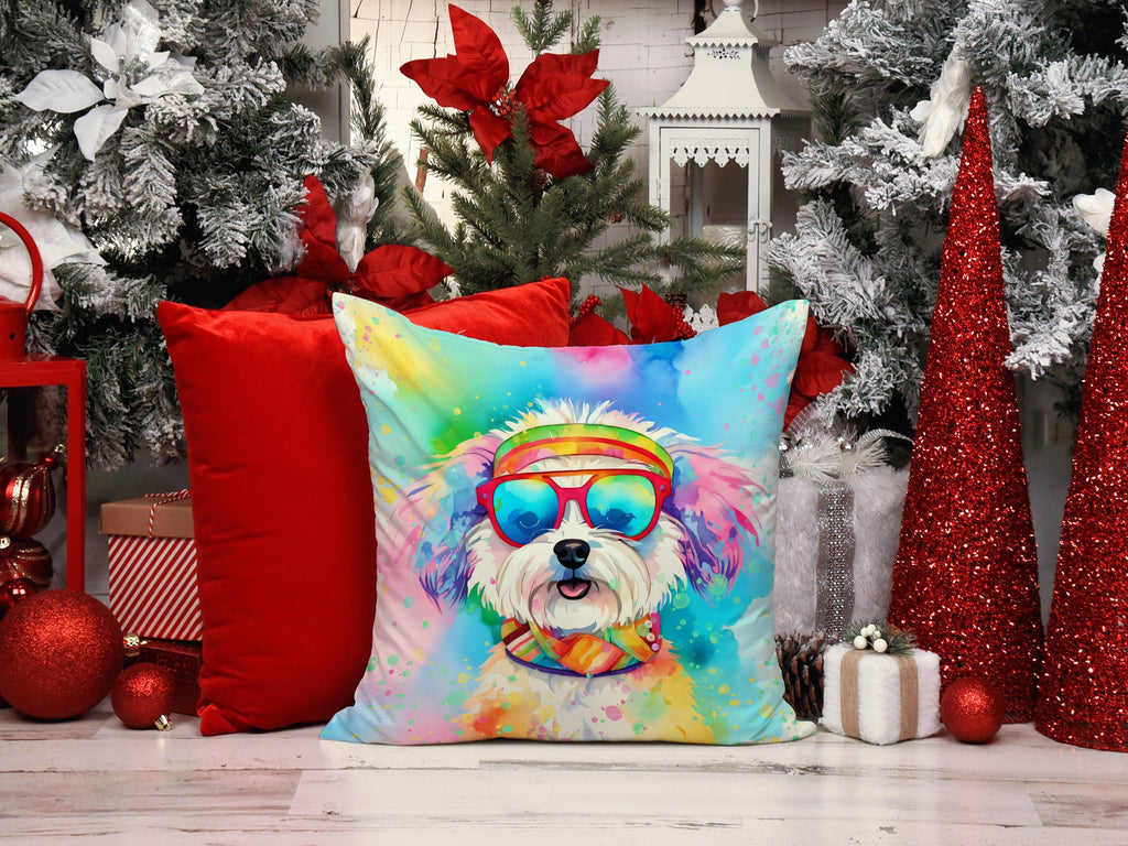 Bichon Frise Hippie Dawg Decorative Throw Pillow 14x14 Indoor Outdoor Accent Cushion, Fabric Cover with Insert for Sofa, Bed, Porch & Living Room