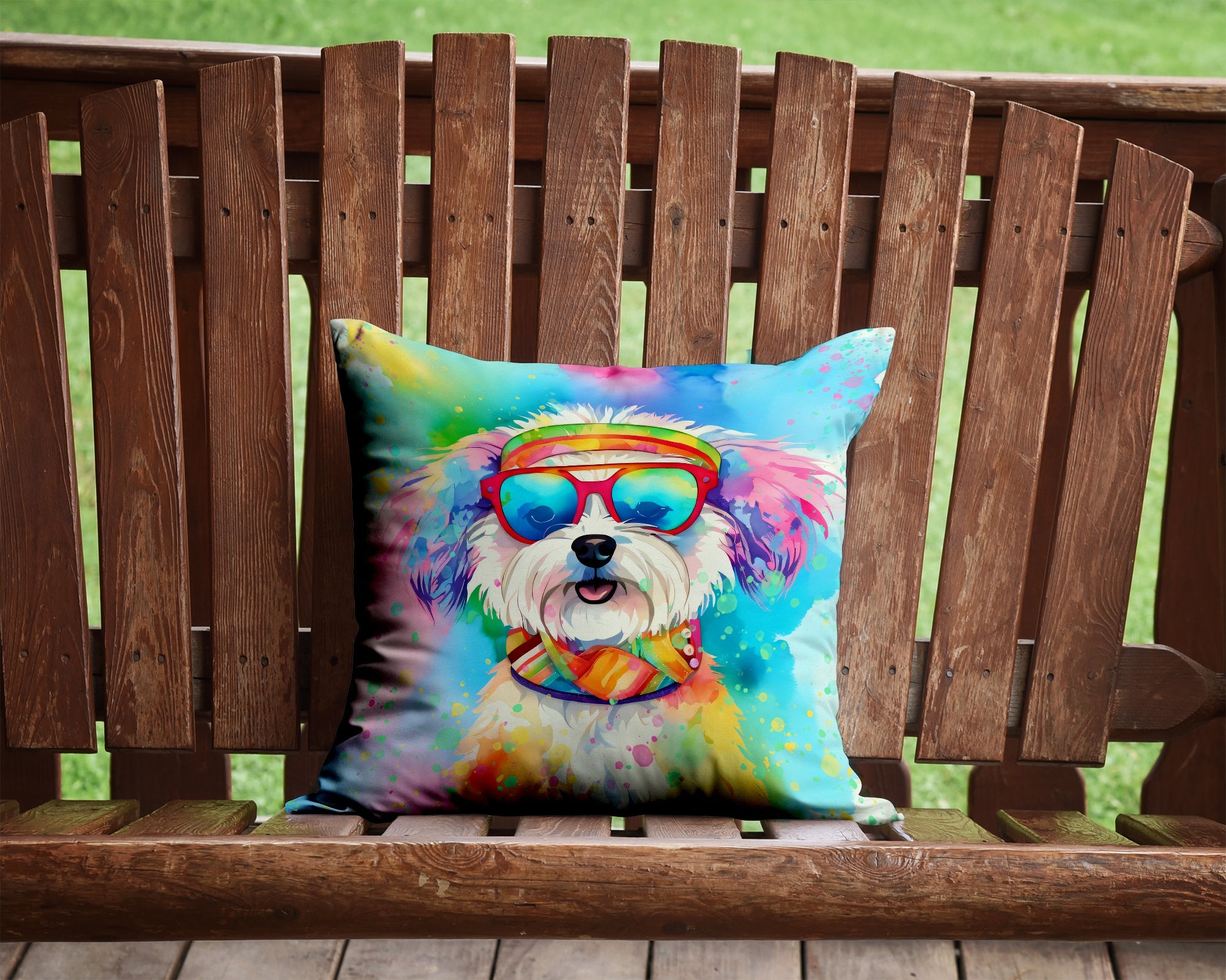 Bichon Frise Hippie Dawg Decorative Throw Pillow 14x14 Indoor Outdoor Accent Cushion, Fabric Cover with Insert for Sofa, Bed, Porch & Living Room