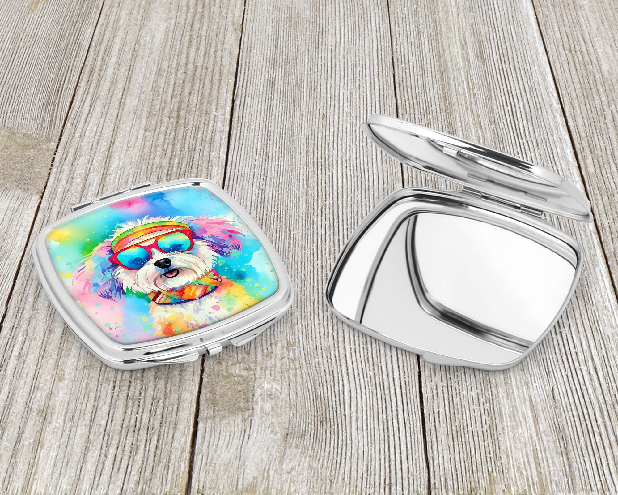 Bichon Frise Hippie Dawg Compact Mirror Decorative Travel Makeup Mirror for Women Girls Gifts Pocket Makeup Mirror Folding Handheld