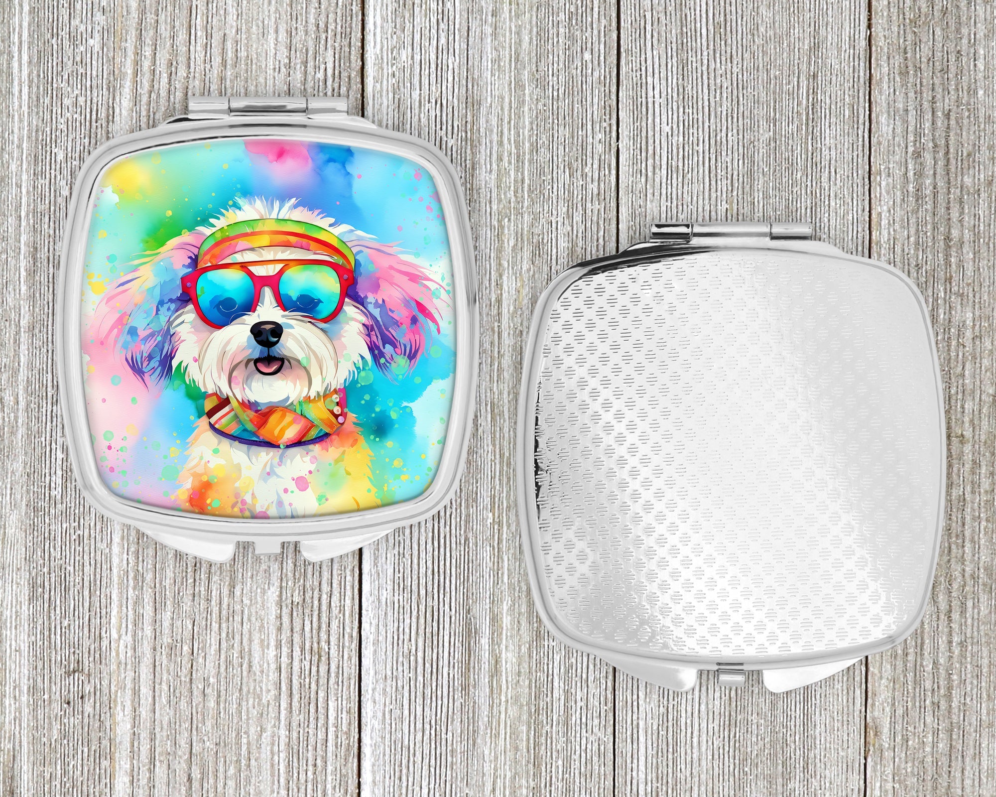 Bichon Frise Hippie Dawg Compact Mirror Decorative Travel Makeup Mirror for Women Girls Gifts Pocket Makeup Mirror Folding Handheld