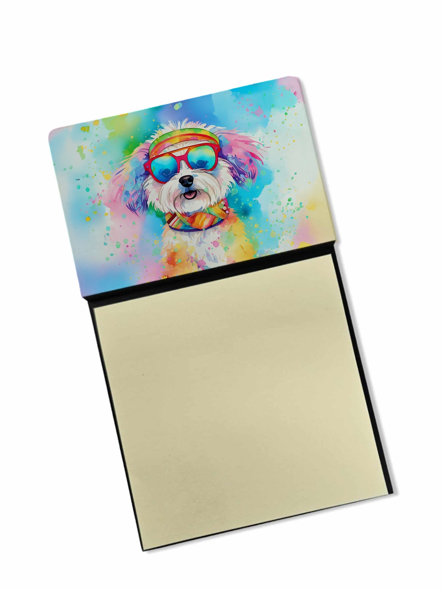 Bichon Frise Hippie Dawg Watercolor Sticky Note Holder Refillable Dispenser Desk Accessory 3x3 Pad Gift