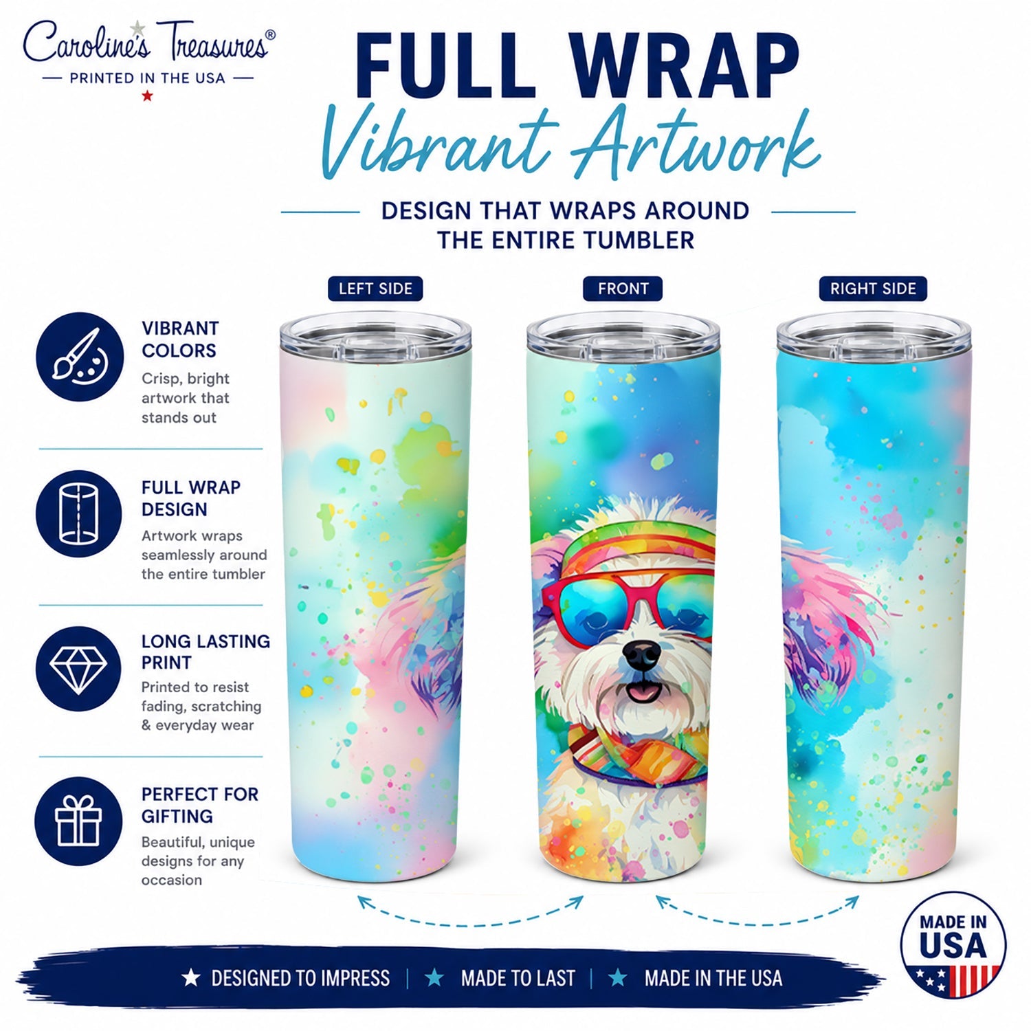 Bichon Frise Hippie Dawg Stainless Steel Skinny Tumbler 20 oz Vacuum Double Walled Reusable Insulated Travel Cup