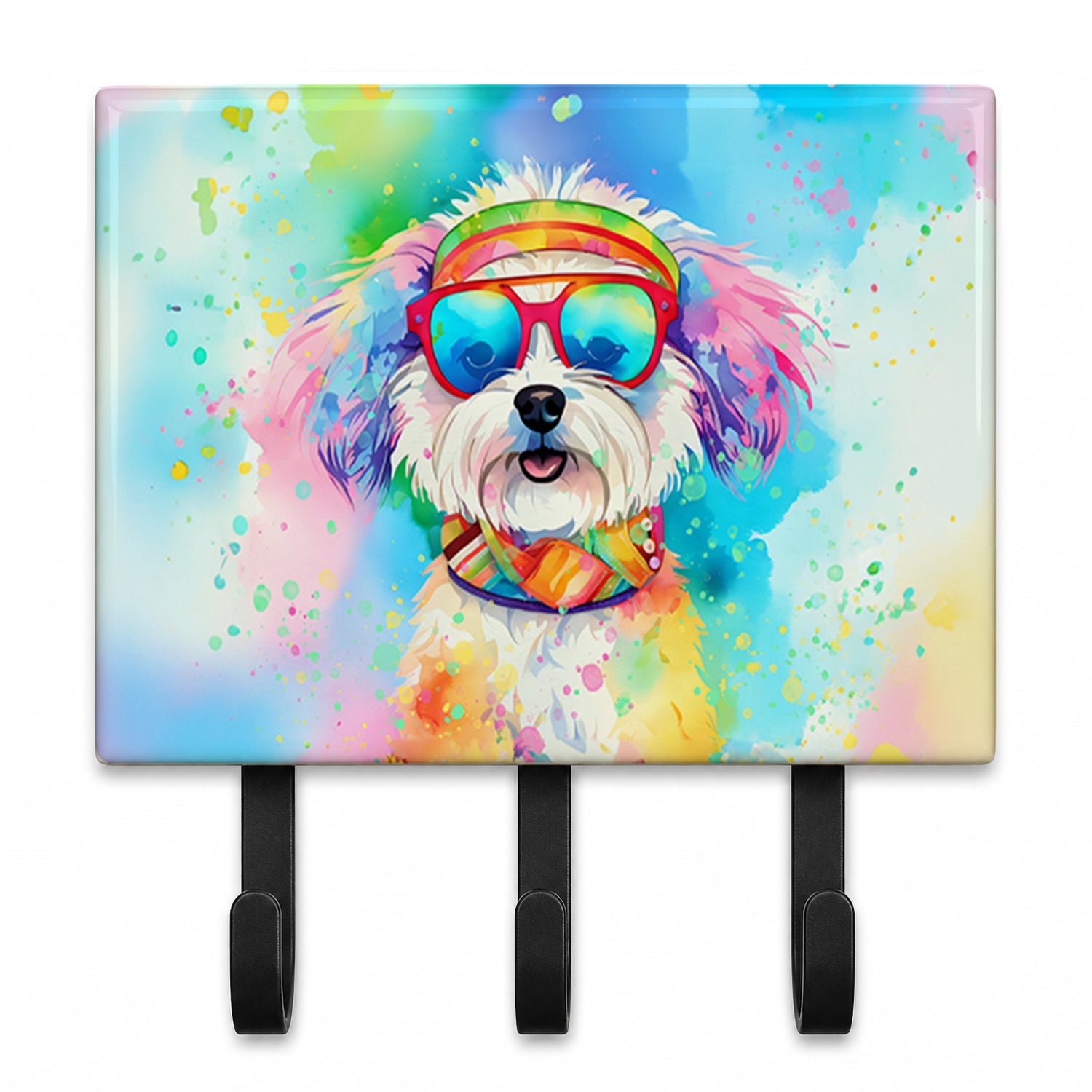 Bichon Frise Hippie Dawg Leash or Key Holder Wall Hooks, Coat Rack Wall Mount, for Hanging Keys, Towels, Aprons, Leashes