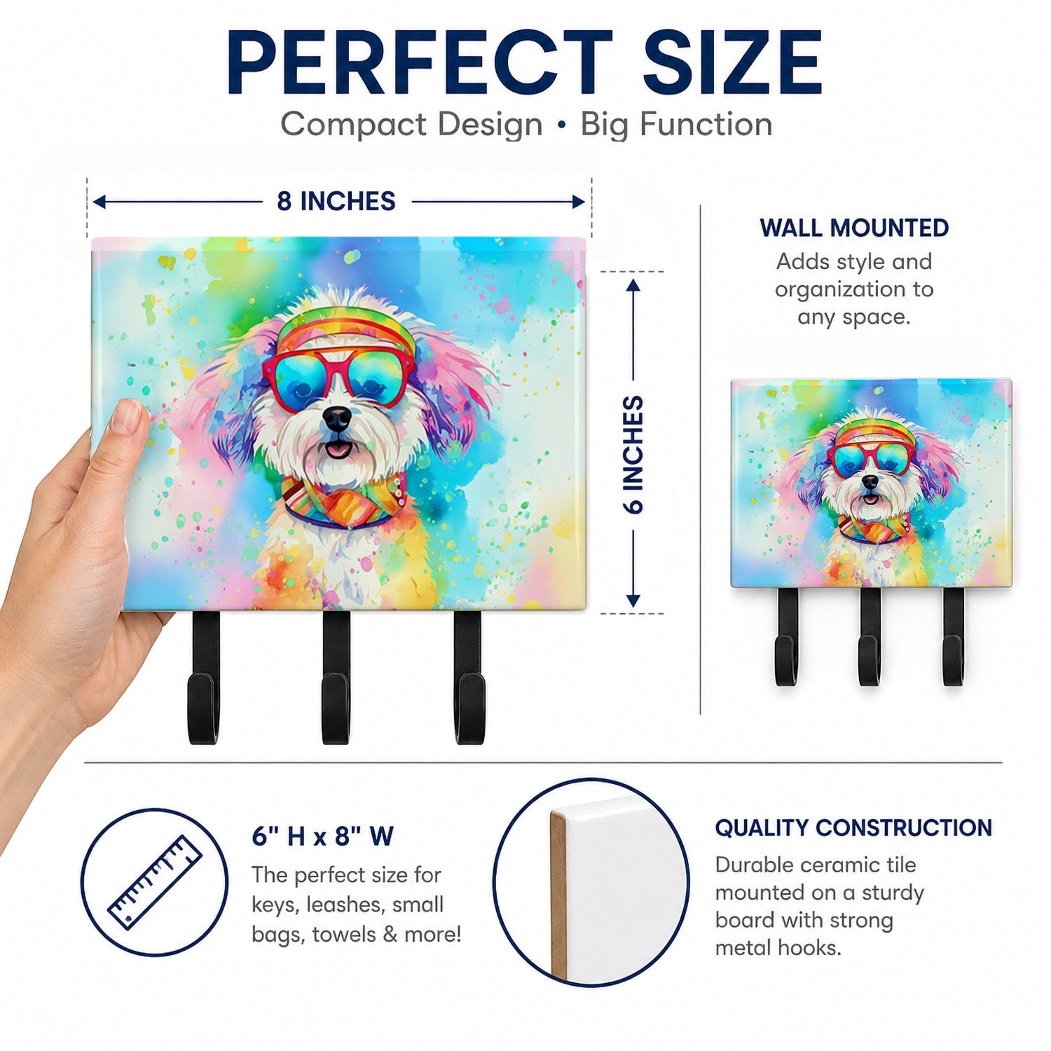 Bichon Frise Hippie Dawg Leash or Key Holder Wall Hooks, Coat Rack Wall Mount, for Hanging Keys, Towels, Aprons, Leashes