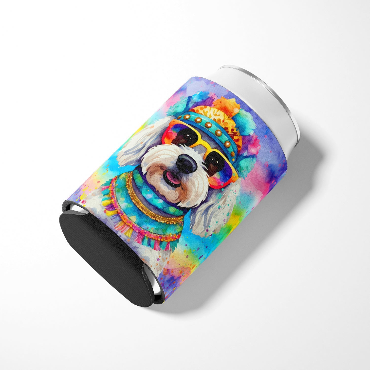 Bichon Frise Hippie Dawg Can or Bottle Hugger Cooler Sleeve for Standard 12 oz Cans, Insulated Foam Beer & Soda Can Hugger Reusable