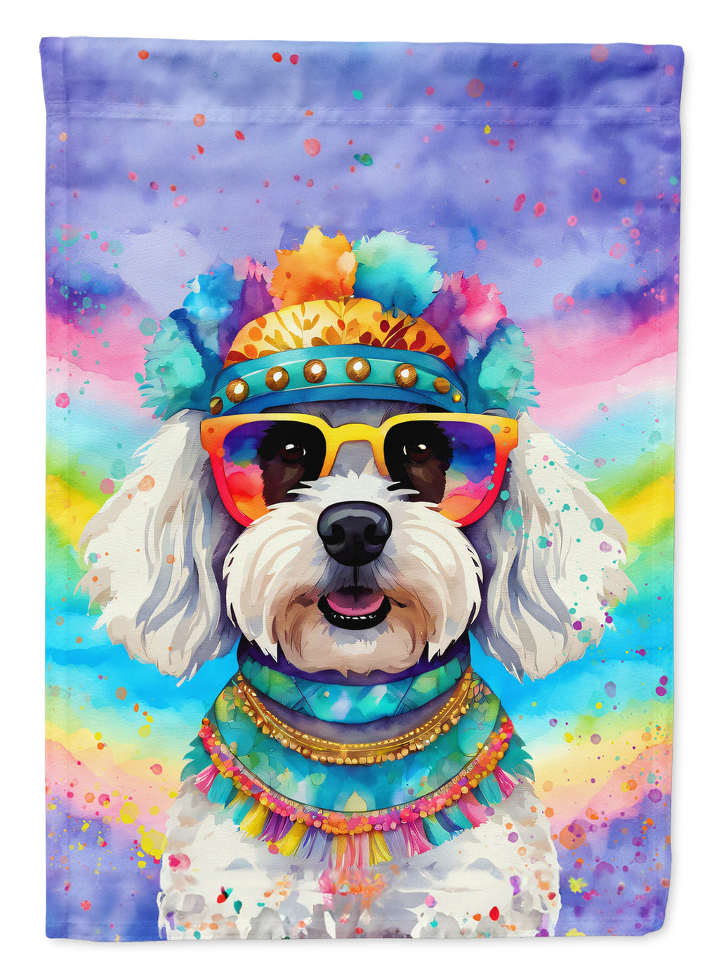 Bichon Frise Hippie Dawg House Flag 28x40 Porch Sleeve Pole Decorative Outside Yard Banner Artwork Wall Hanging, Polyester