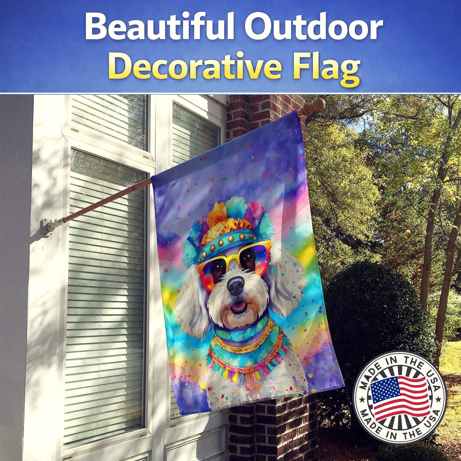 Bichon Frise Hippie Dawg House Flag 28x40 Porch Sleeve Pole Decorative Outside Yard Banner Artwork Wall Hanging, Polyester