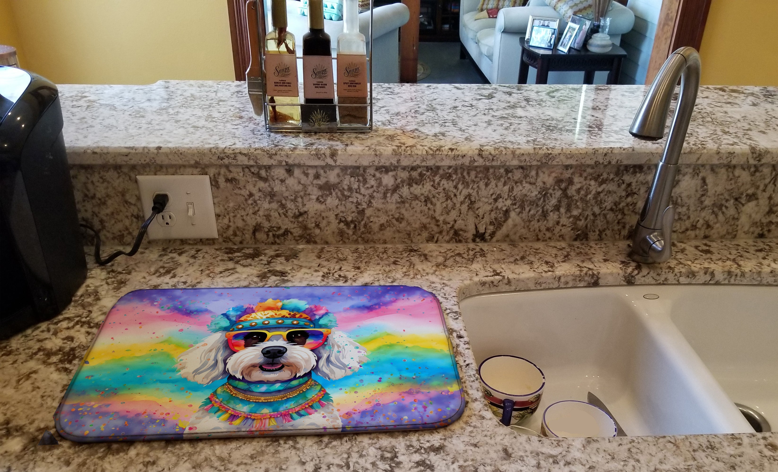 Bichon Frise Hippie Dawg Dish Drying Mat Absorbent Dish Drying Mat Pad for Kitchen Counter Dish Drainer Mat for Countertop, 14 x 21", Multicolor