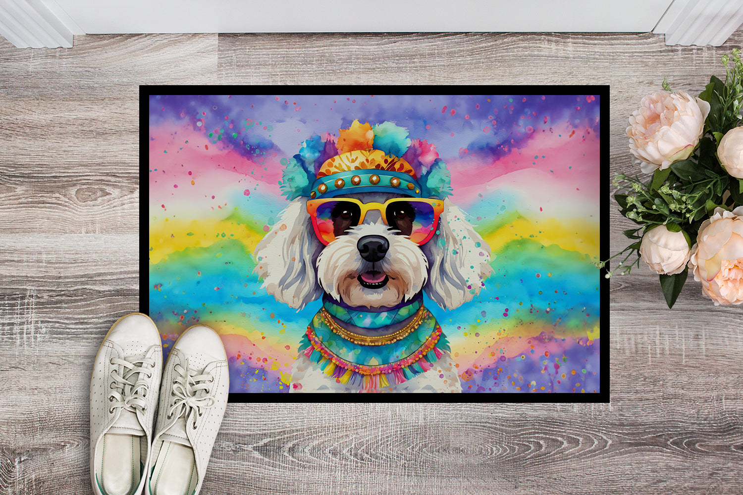 Bichon Frise Hippie Dawg Doormat Indoor Outdoor 24H X 36W Front Door Mat Rugs for Entryway, Non Slip Washable Low Pile,