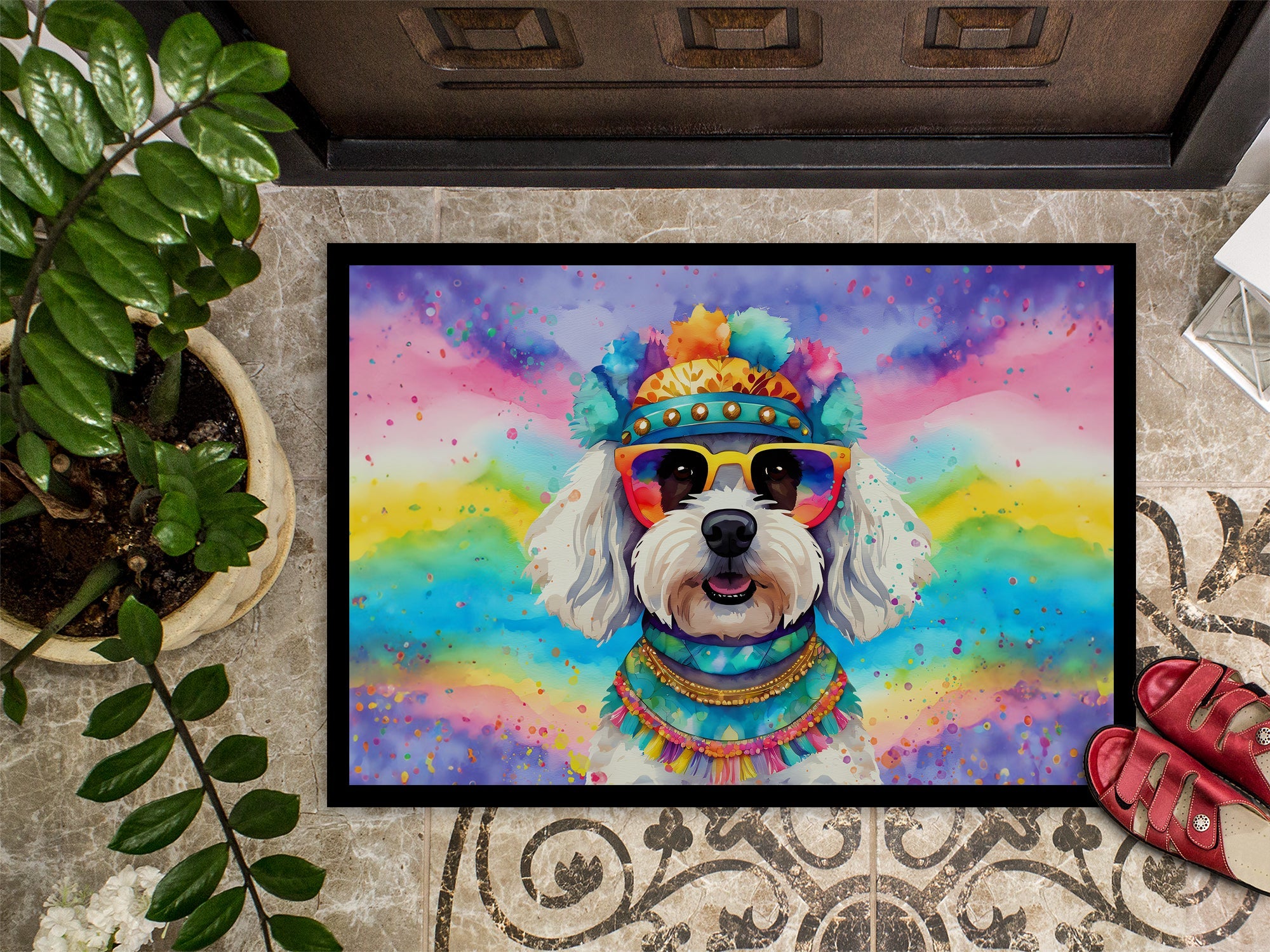 Bichon Frise Hippie Dawg Doormat Indoor Outdoor 24H X 36W Front Door Mat Rugs for Entryway, Non Slip Washable Low Pile,