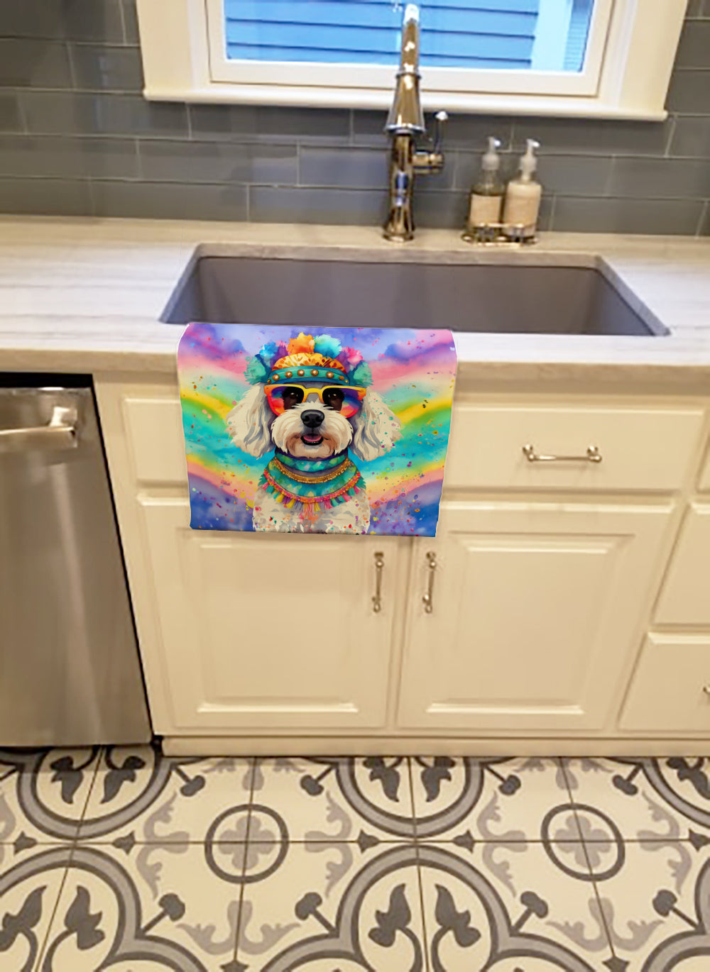 Bichon Frise Hippie Dawg Kitchen Towel Velour Plush Front and Cotton Loop Back Machine Washable