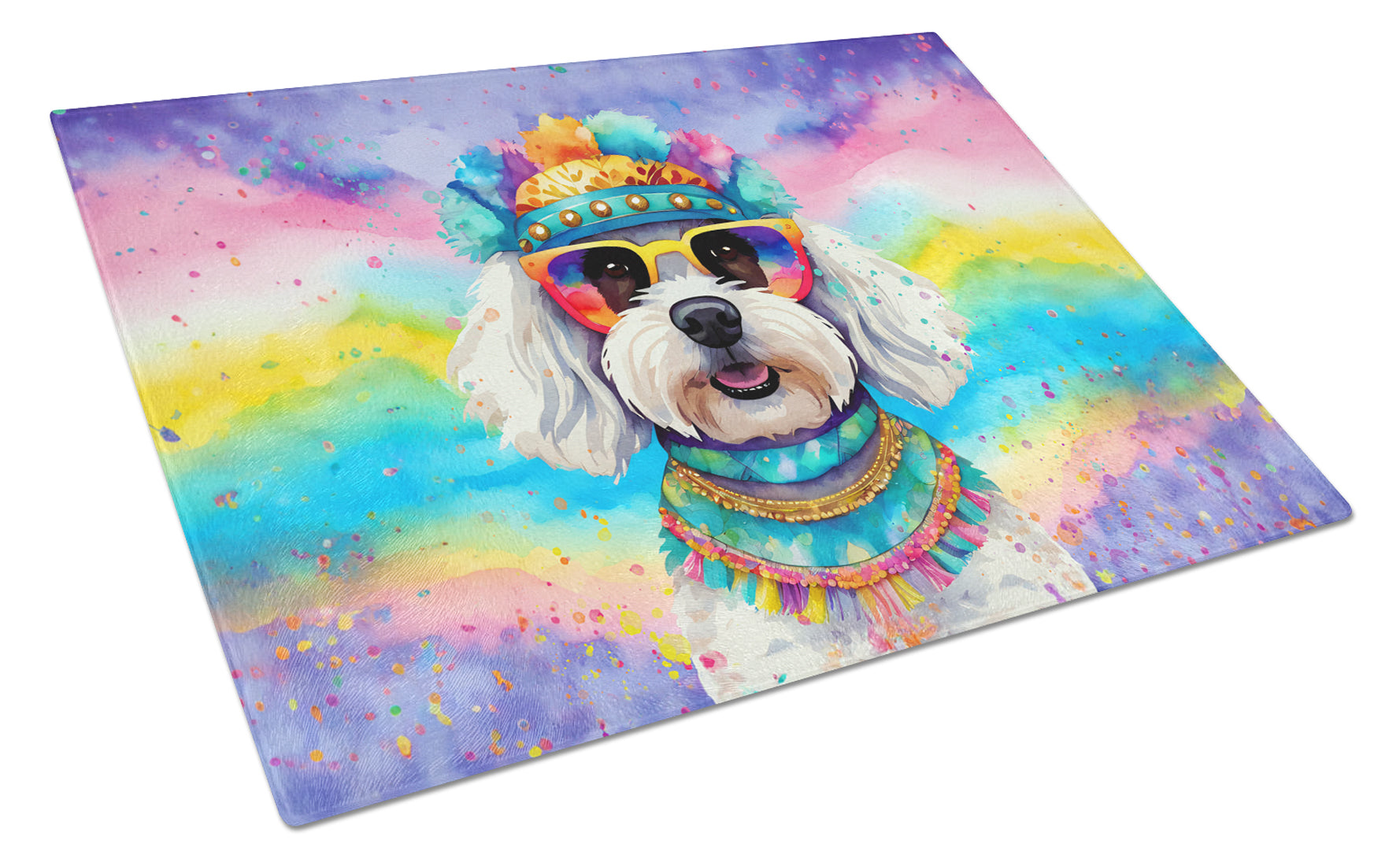Bichon Frise Hippie Dawg Cutting Board Tempered Glass Kitchen Cutting Surface, Heat Resistant Chopping, Non-Slip Feet, Food Prep & Serving