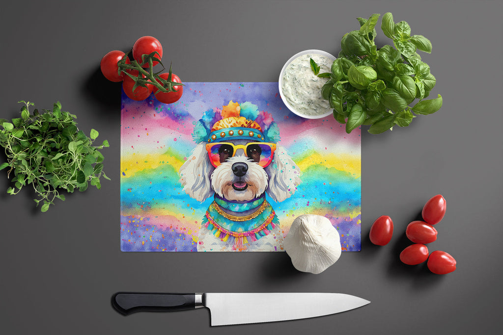 Bichon Frise Hippie Dawg Cutting Board Tempered Glass Kitchen Cutting Surface, Heat Resistant Chopping, Non-Slip Feet, Food Prep & Serving