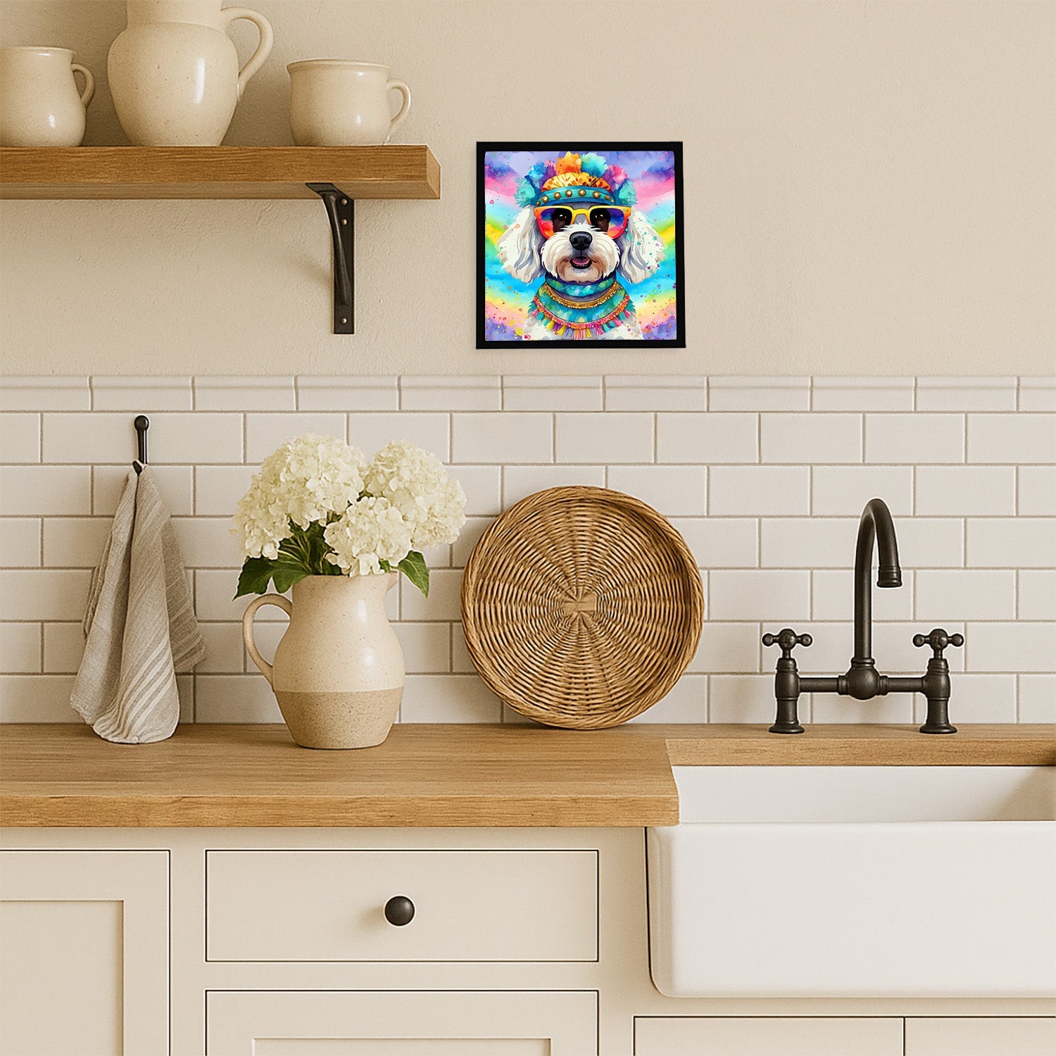 Bichon Frise Hippie Dawg Framed Metal Print Bathroom, Kitchen, Office, Home Decor Wall Art Ready to Hang, Square, 8X8