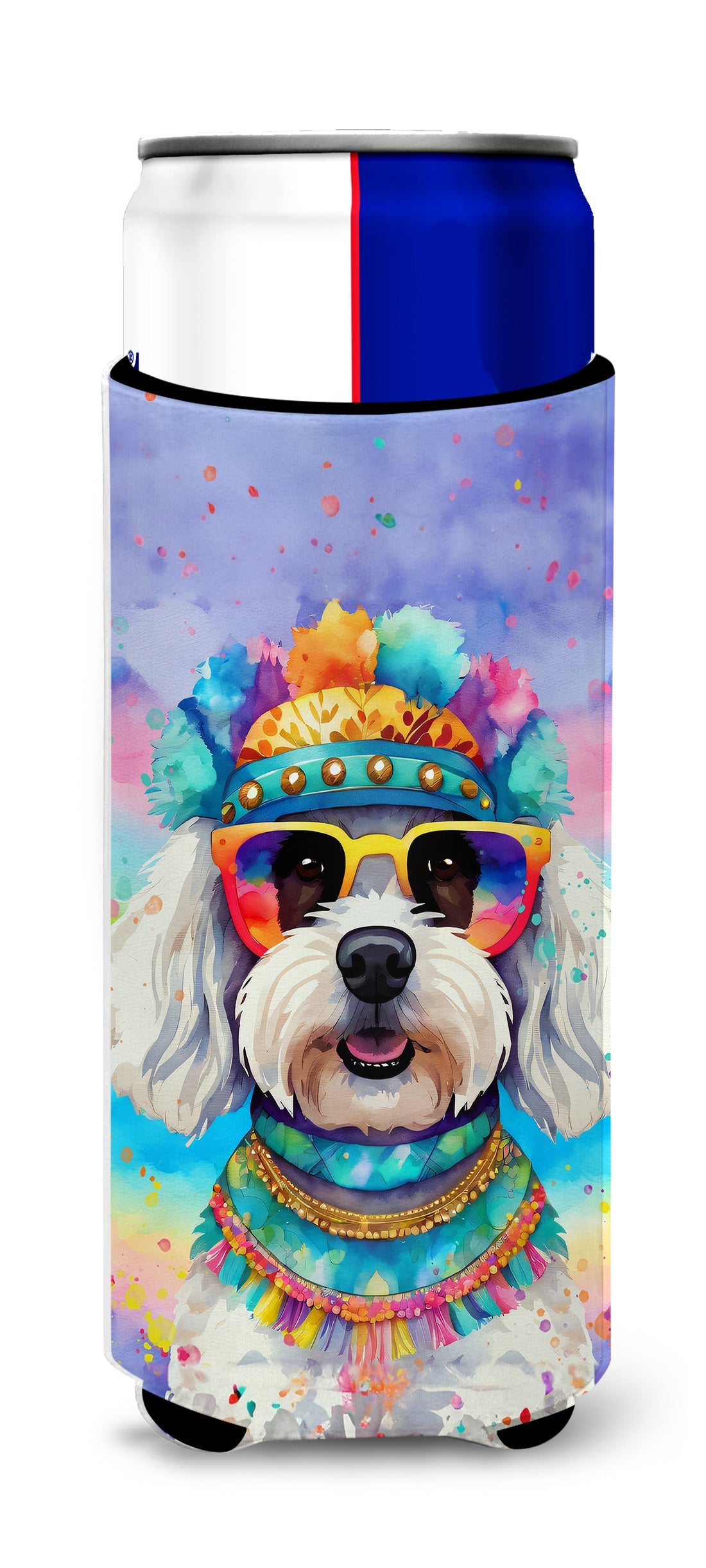 Bichon Frise Hippie Dawg Slim Can Hugger , Insulated Foam Hugger for 12 oz Slim Cans, Beer Bottles & Water Bottles, Printed in USA