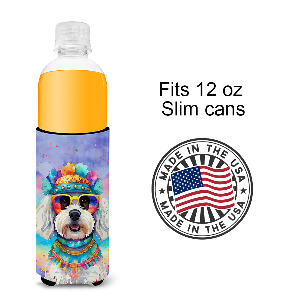 Bichon Frise Hippie Dawg Slim Can Hugger , Insulated Foam Hugger for 12 oz Slim Cans, Beer Bottles & Water Bottles, Printed in USA