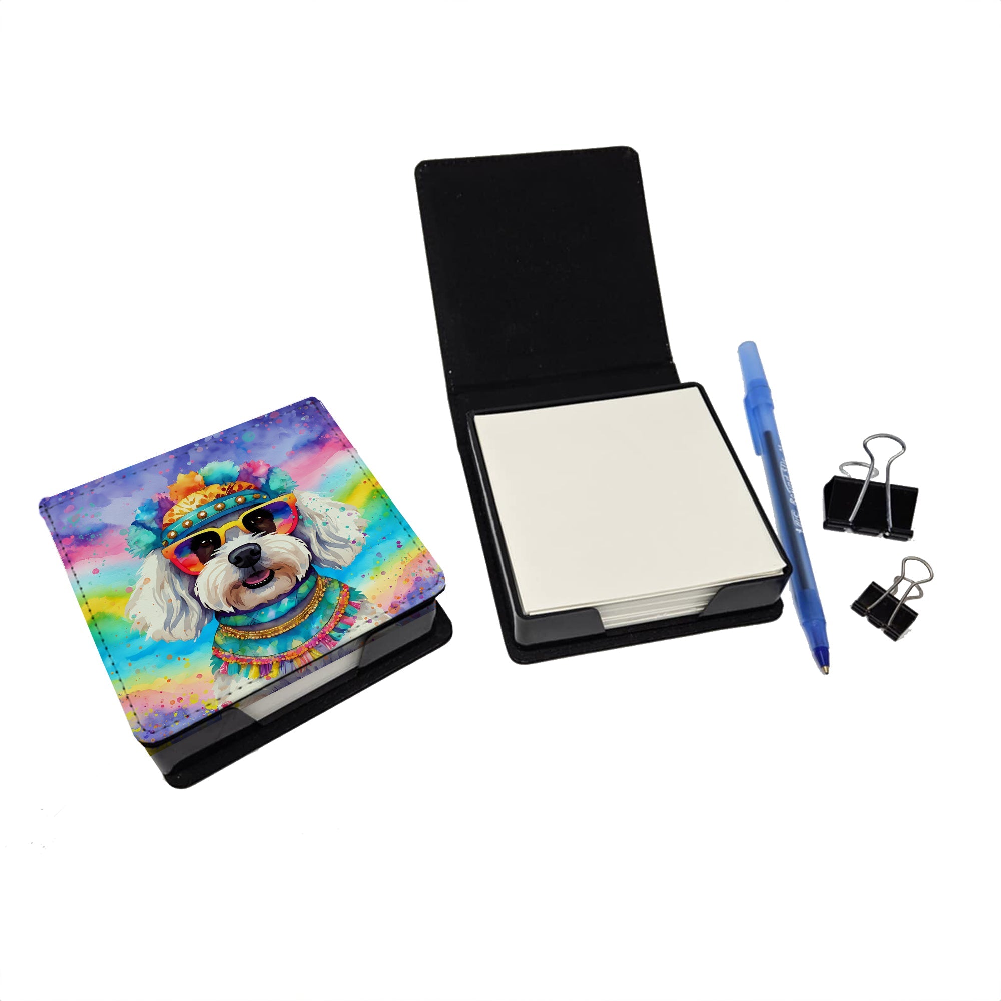 Bichon Frise Hippie Dawg PU Leather Note Paper Holder with Artist-Designed Cover, Desk Accessory, Office Gift