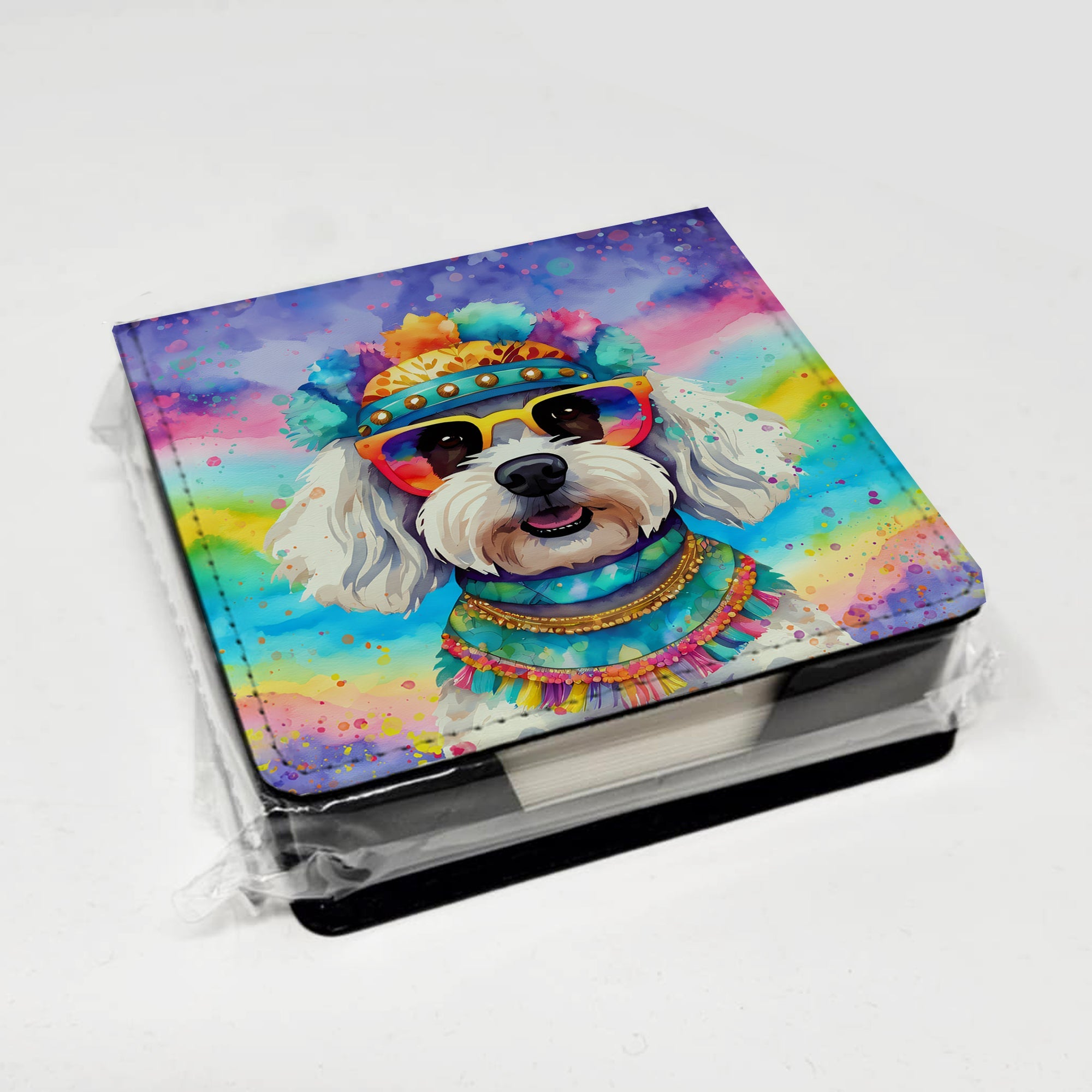 Bichon Frise Hippie Dawg PU Leather Note Paper Holder with Artist-Designed Cover, Desk Accessory, Office Gift