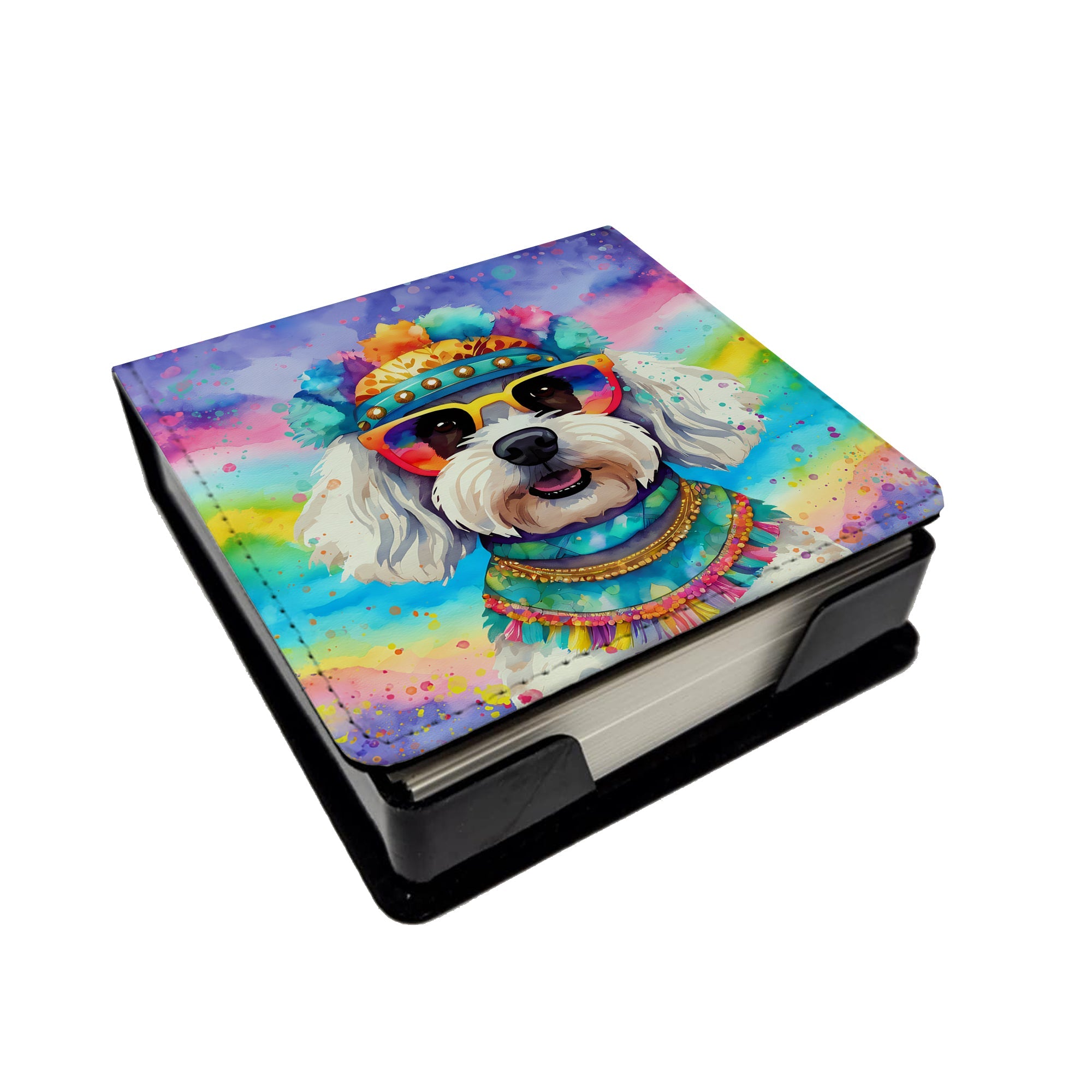 Bichon Frise Hippie Dawg PU Leather Note Paper Holder with Artist-Designed Cover, Desk Accessory, Office Gift