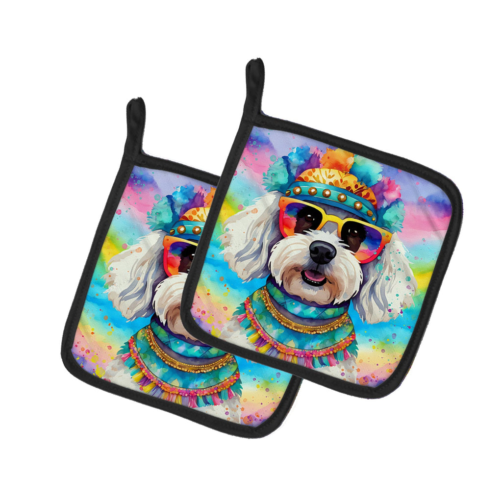 Bichon Frise Hippie Dawg Pot Holder Set of 2 Heat Resistant Quilted Hot Pads 7.5 x 7.5 Inch, Insulated Kitchen Trivets for Cooking & Baking