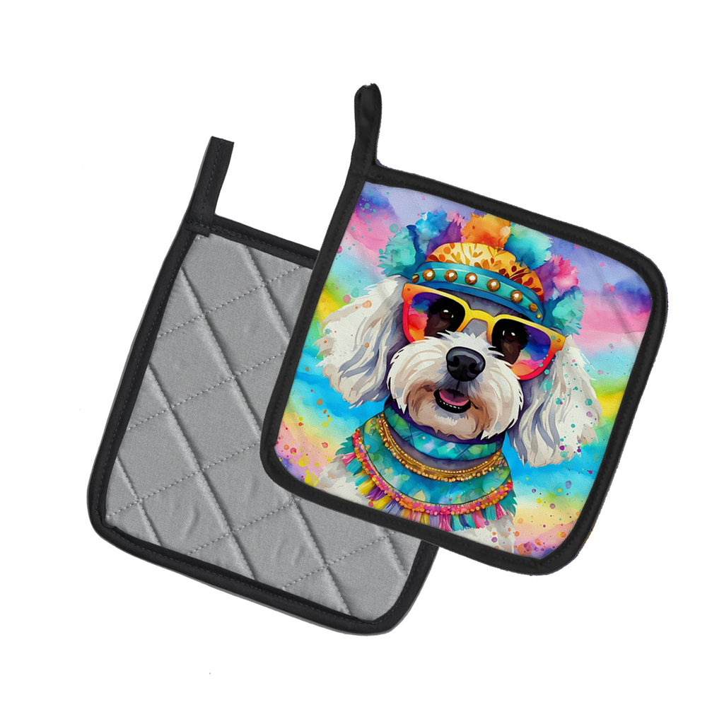 Bichon Frise Hippie Dawg Pot Holder Set of 2 Heat Resistant Quilted Hot Pads 7.5 x 7.5 Inch, Insulated Kitchen Trivets for Cooking & Baking