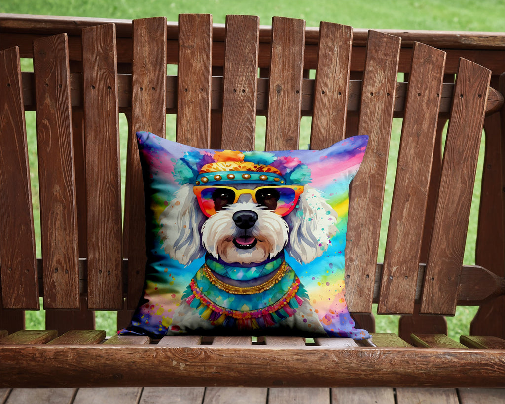 Bichon Frise Hippie Dawg Decorative Throw Pillow 14x14 Indoor Outdoor Accent Cushion, Fabric Cover with Insert for Sofa, Bed, Porch & Living Room