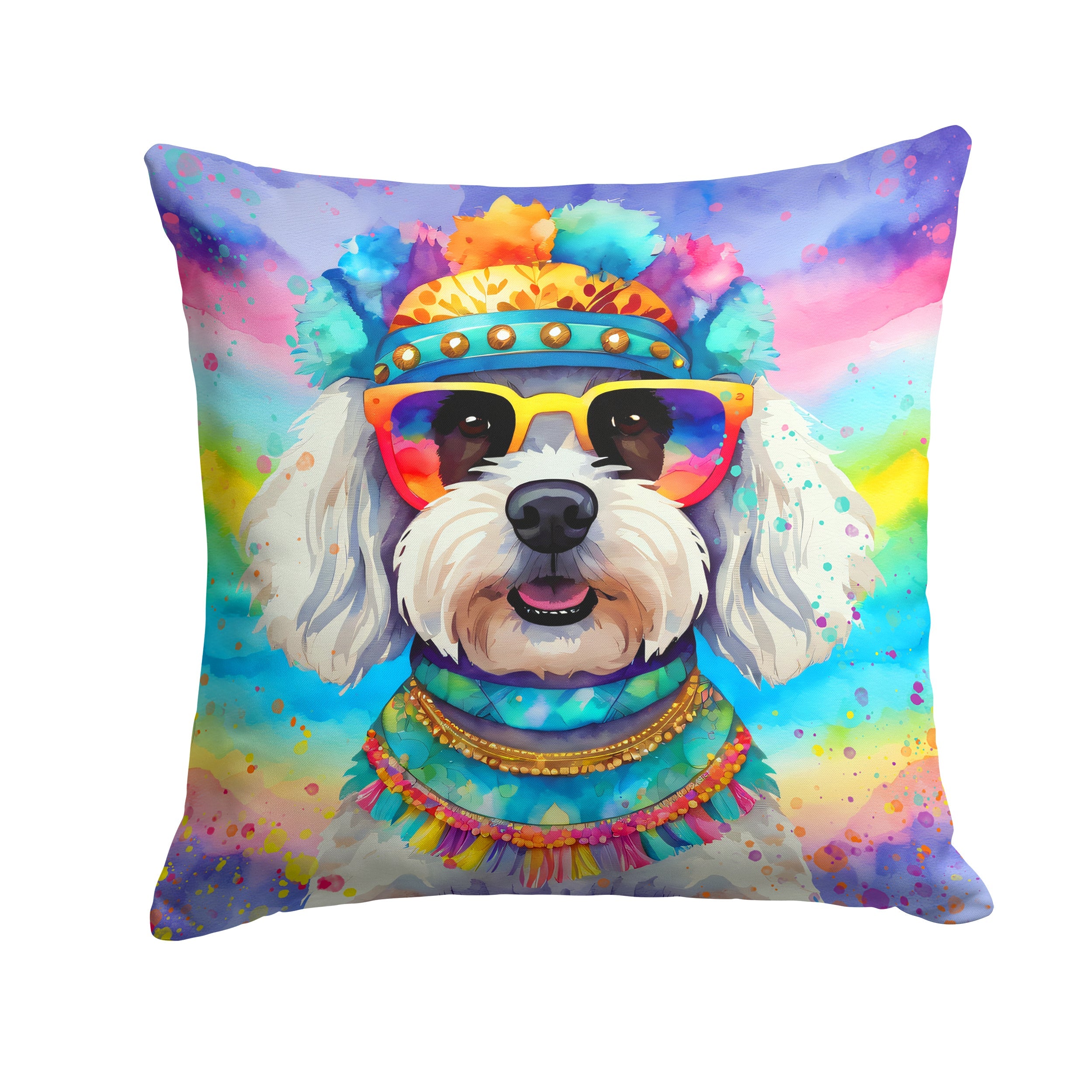 Bichon Frise Hippie Dawg Decorative Throw Pillow 18x18 Indoor Outdoor Accent Cushion, Fabric Cover with Insert for Sofa, Bed, Porch & Living Room