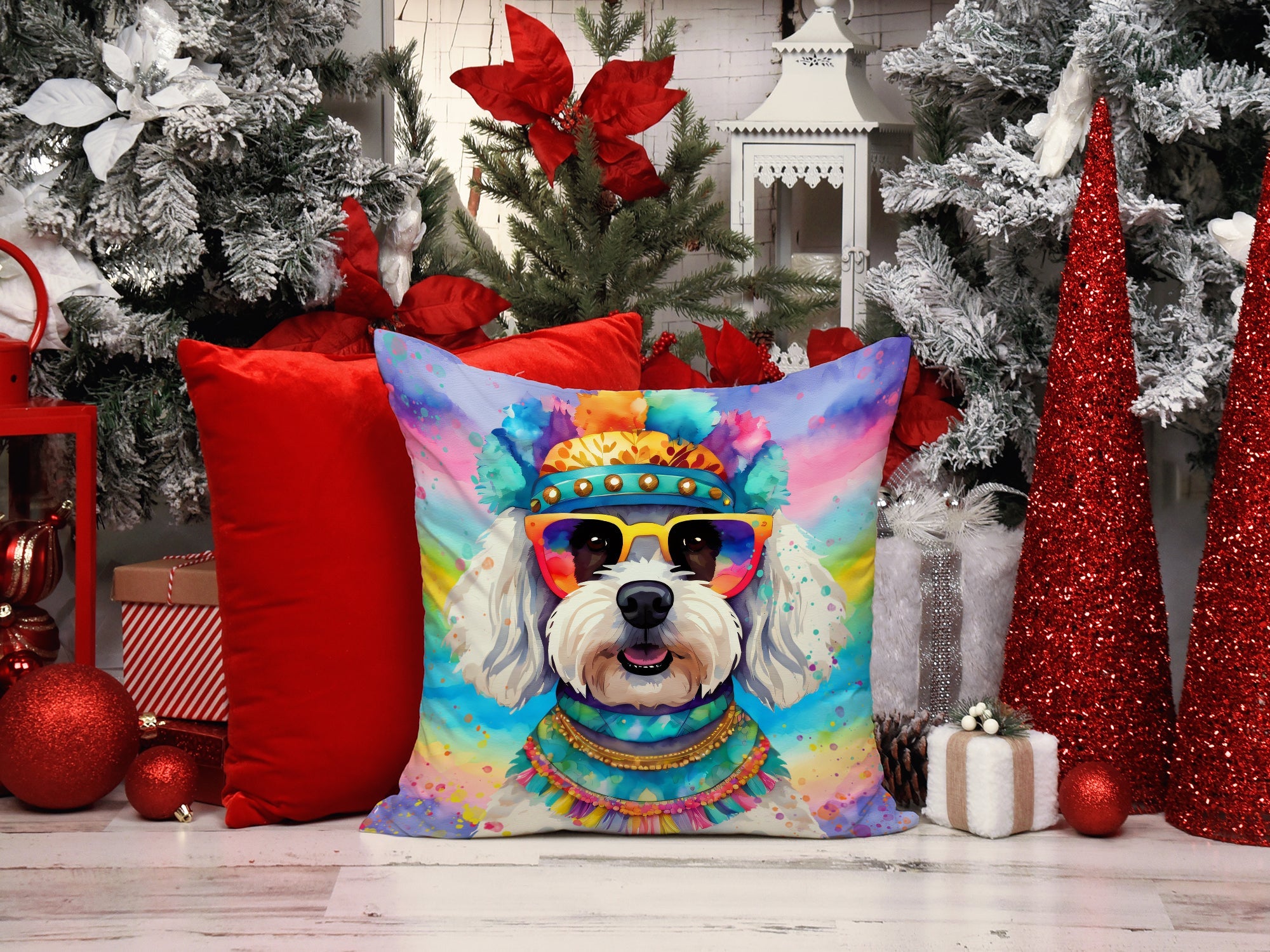 Bichon Frise Hippie Dawg Decorative Throw Pillow 18x18 Indoor Outdoor Accent Cushion, Fabric Cover with Insert for Sofa, Bed, Porch & Living Room