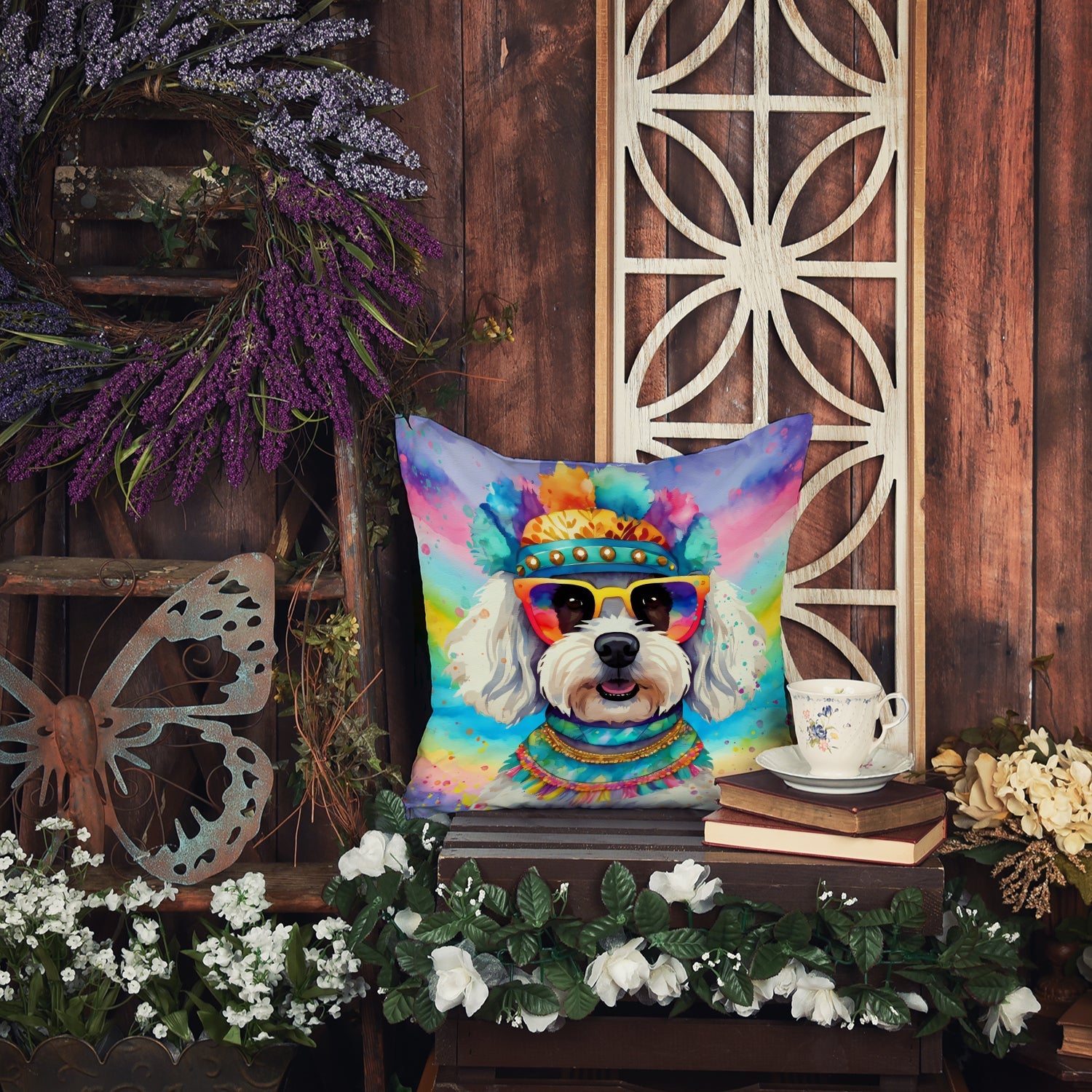 Bichon Frise Hippie Dawg Decorative Throw Pillow 18x18 Indoor Outdoor Accent Cushion, Fabric Cover with Insert for Sofa, Bed, Porch & Living Room