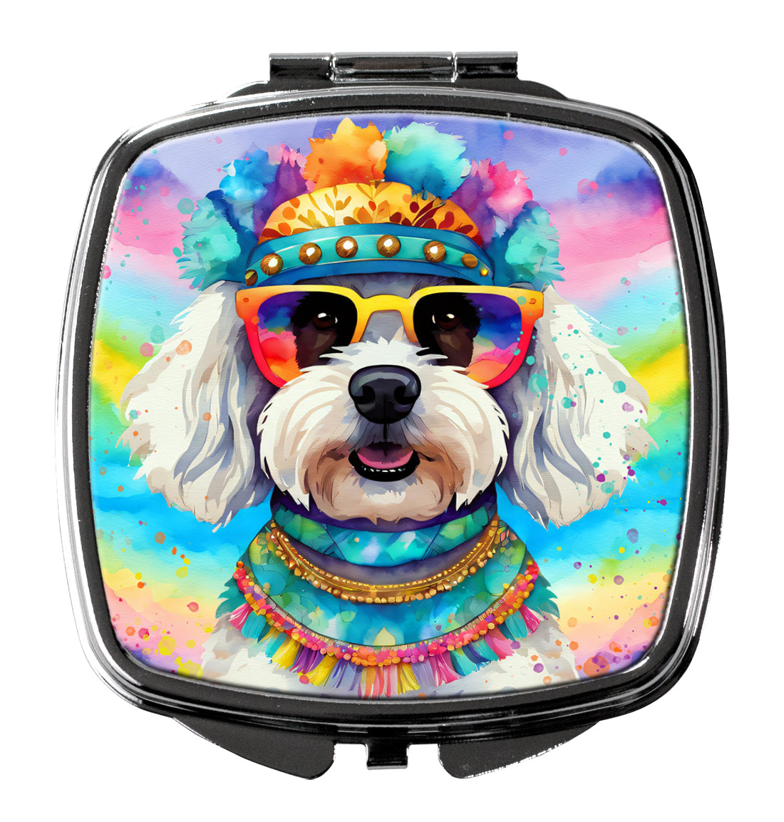 Bichon Frise Hippie Dawg Compact Mirror Decorative Travel Makeup Mirror for Women Girls Gifts Pocket Makeup Mirror Folding Handheld