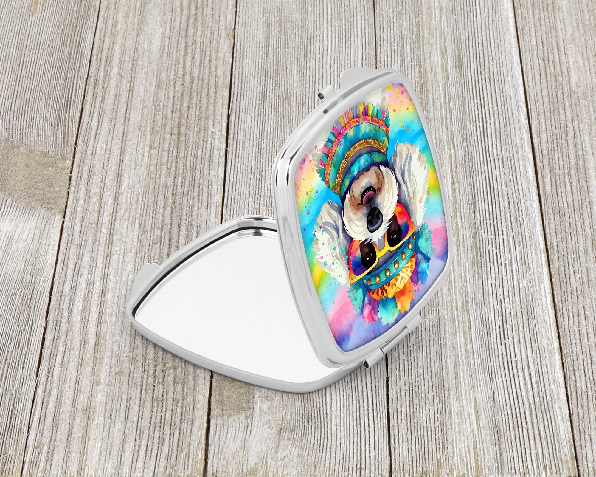 Bichon Frise Hippie Dawg Compact Mirror Decorative Travel Makeup Mirror for Women Girls Gifts Pocket Makeup Mirror Folding Handheld