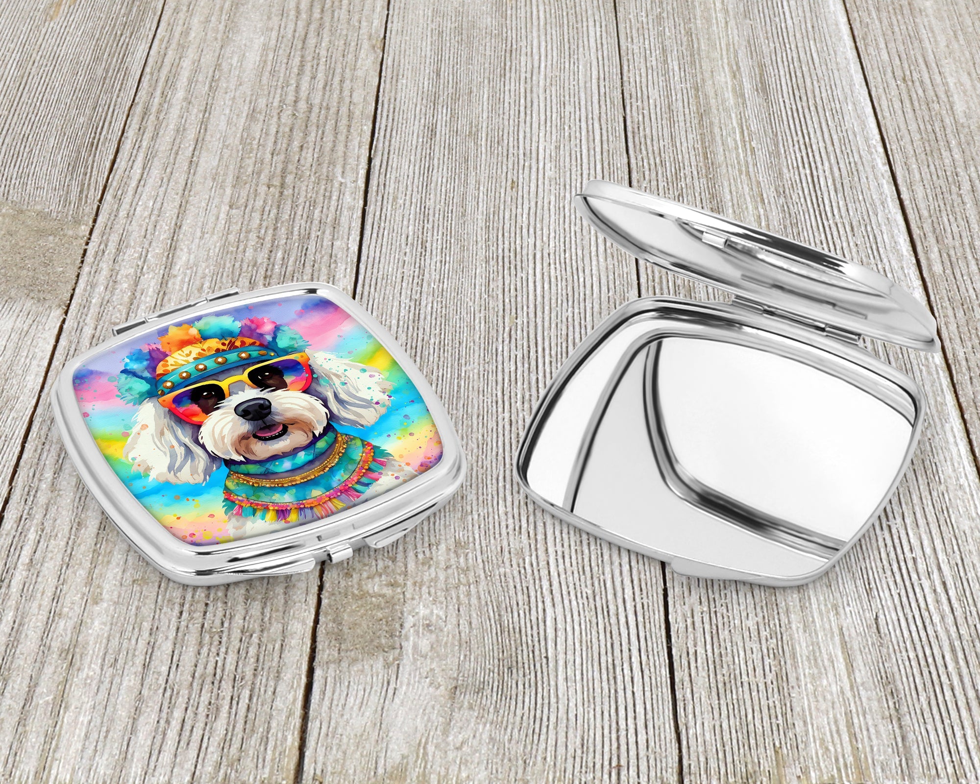 Bichon Frise Hippie Dawg Compact Mirror Decorative Travel Makeup Mirror for Women Girls Gifts Pocket Makeup Mirror Folding Handheld