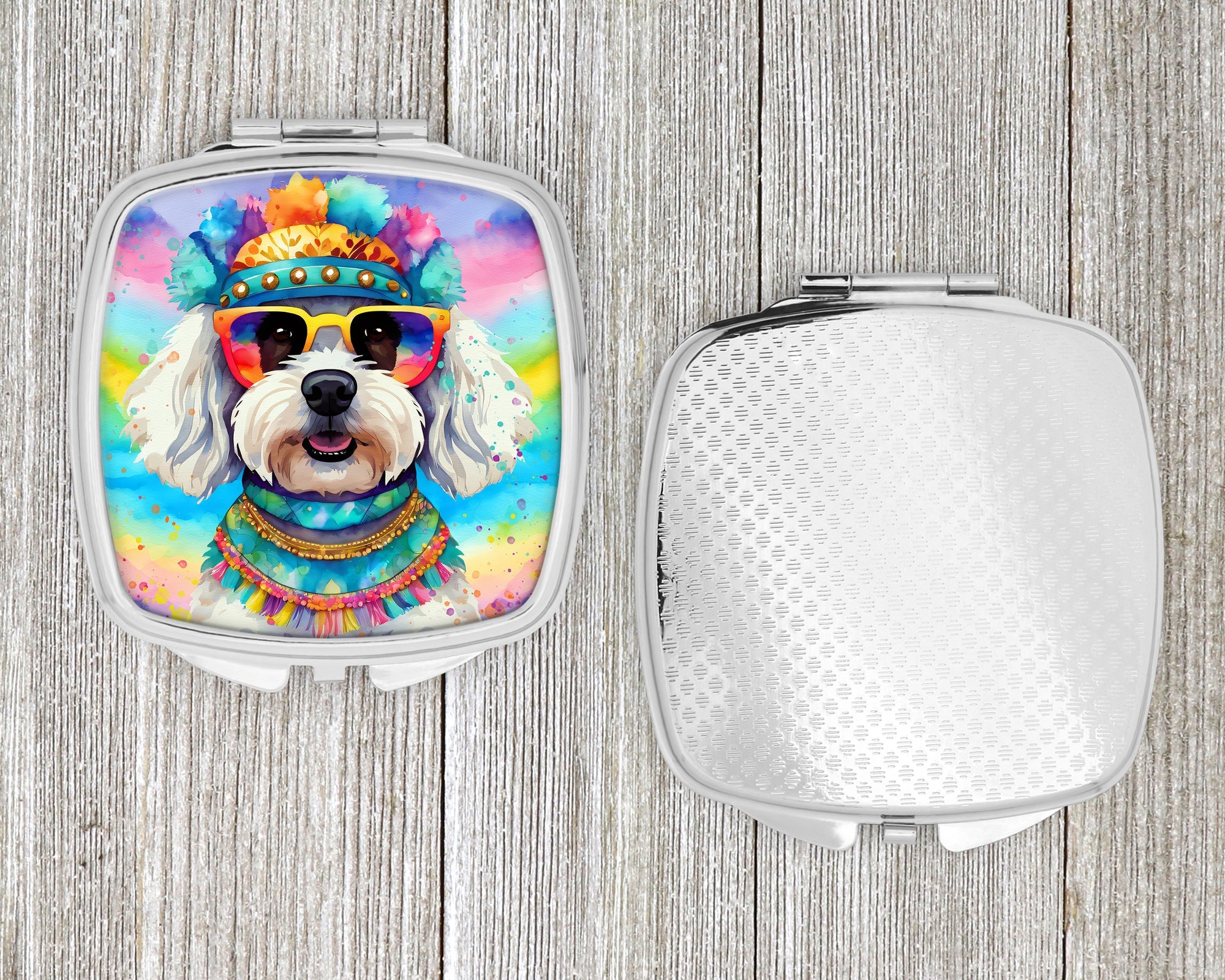 Bichon Frise Hippie Dawg Compact Mirror Decorative Travel Makeup Mirror for Women Girls Gifts Pocket Makeup Mirror Folding Handheld